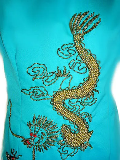 * VINTAGE ASIAN BEADED DRAGON EVENING GOWN & COAT SET WITH METAL ZIPPER & HAND STITCHING