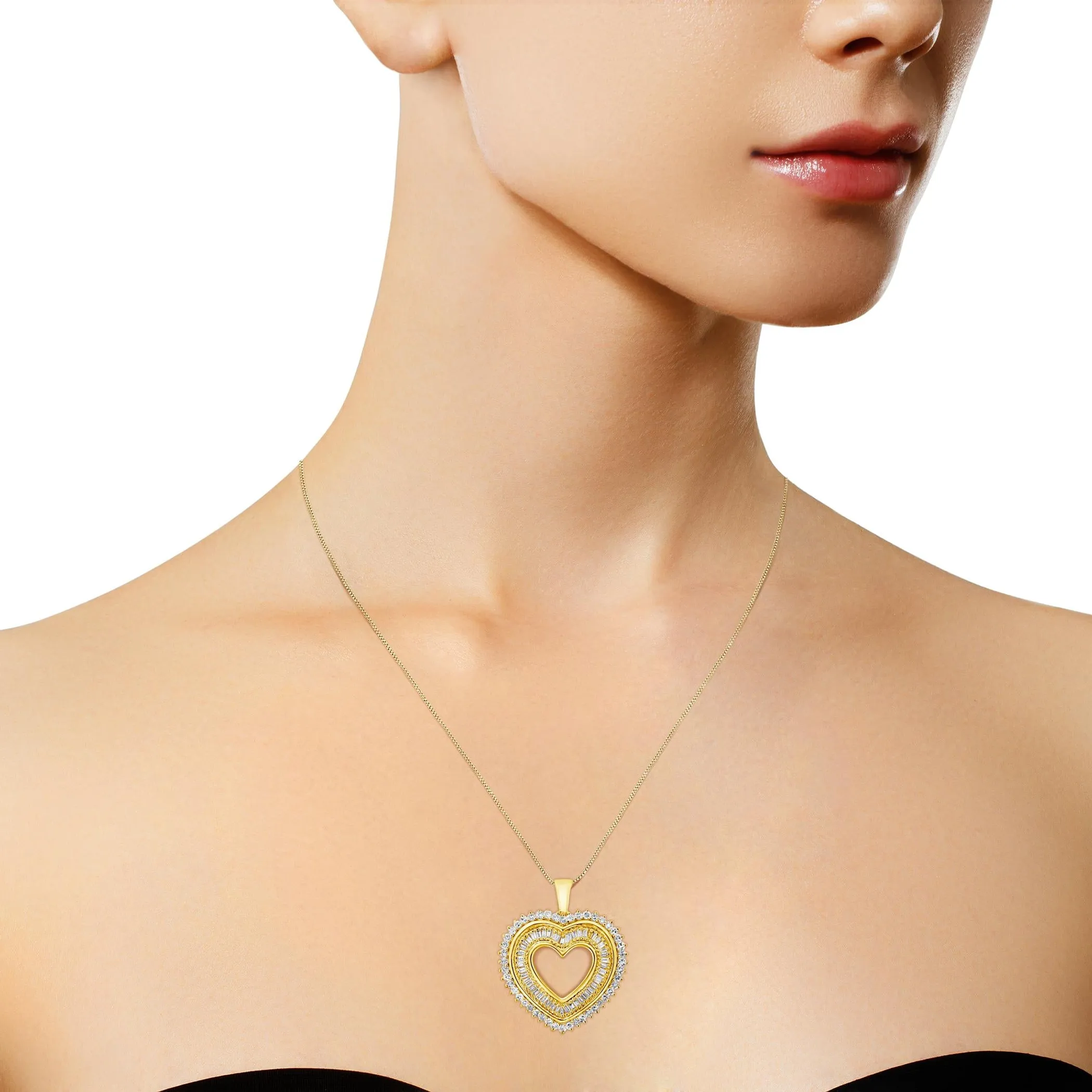 14K Yellow Gold Plated .925 Sterling Silver 1.0 Cttw Round and Baguette-Cut Diamond Composite Hearth 18" Pendant Necklace (I-J Color, I1-I2 Clarity)