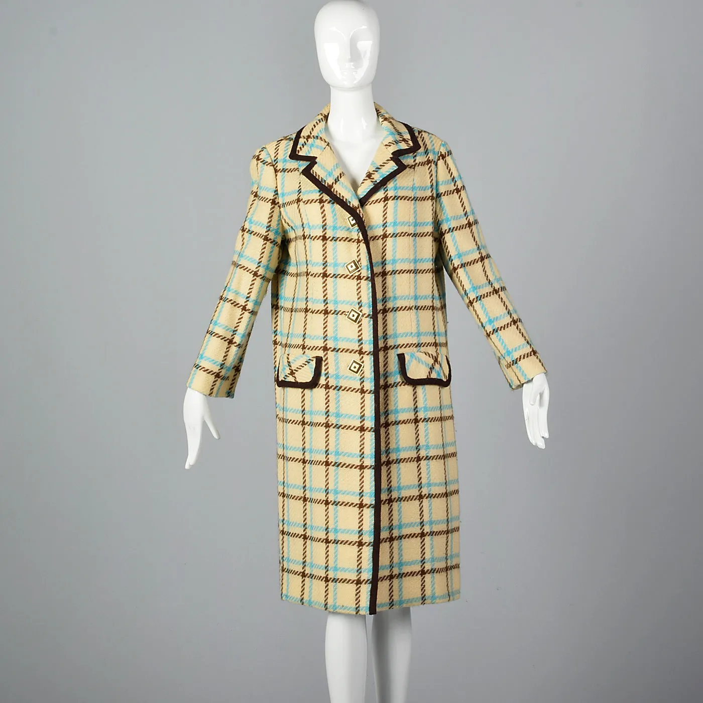 1960s Cream Plaid Coat Brown & Teal