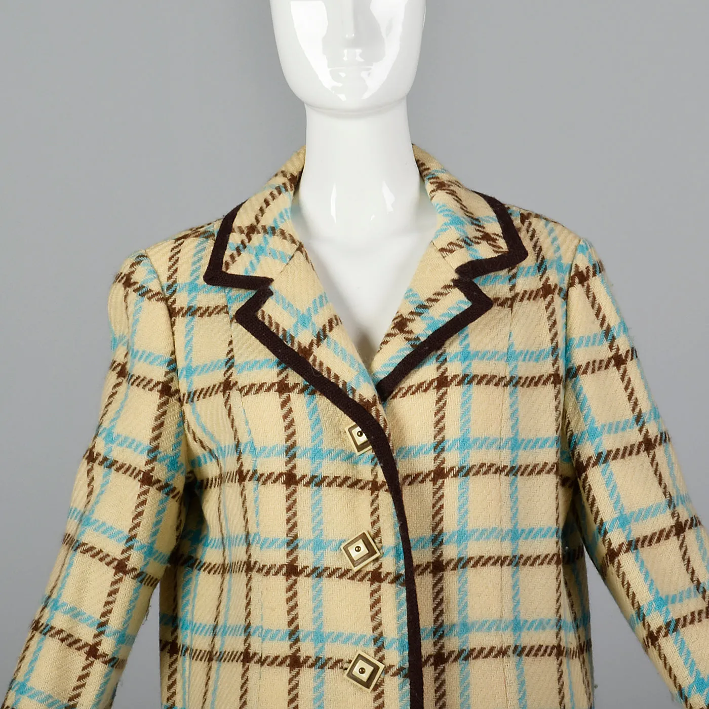 1960s Cream Plaid Coat Brown & Teal