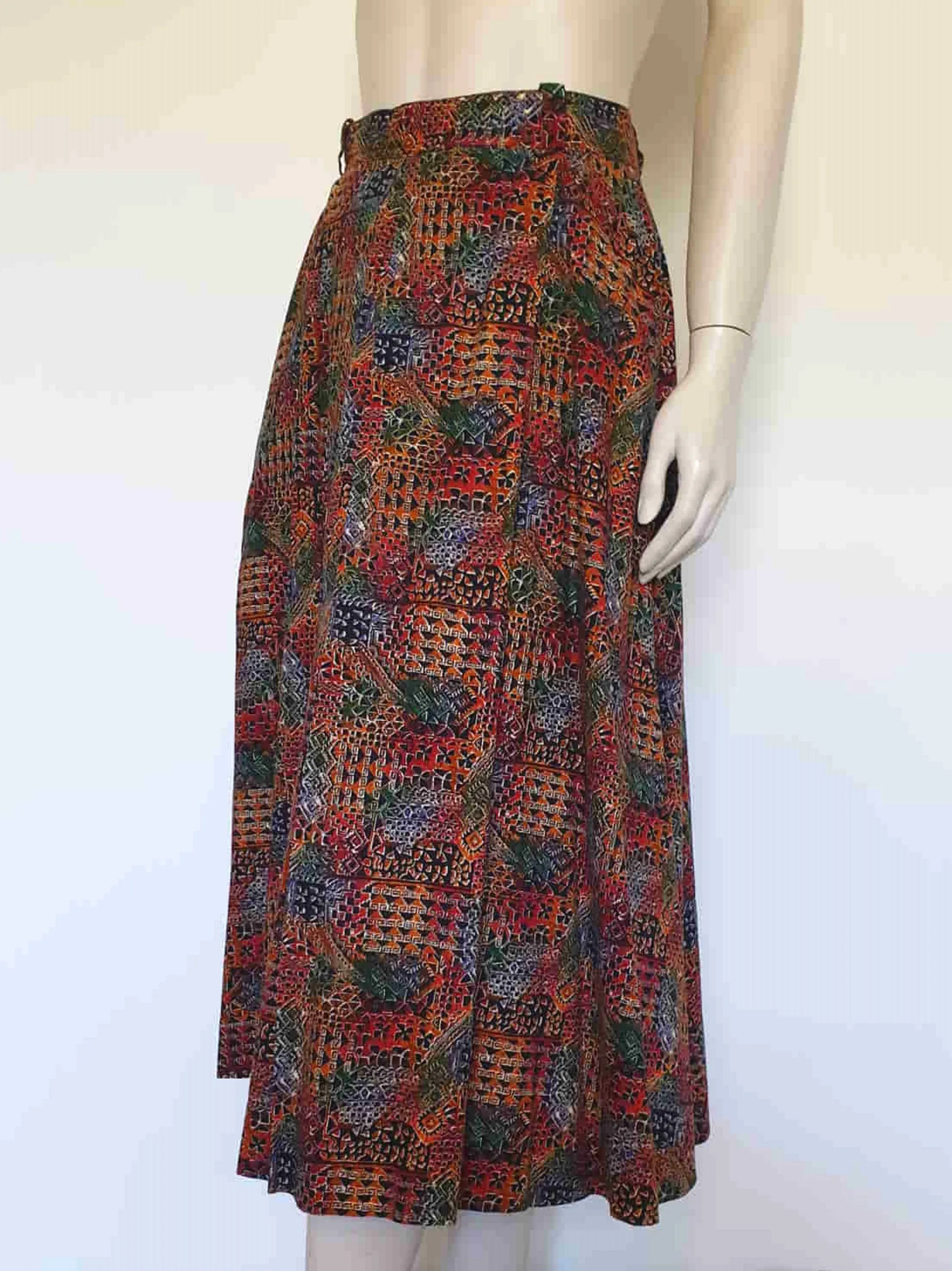 1970s Aztec Print Autumn Tone Pleated Skirt - M