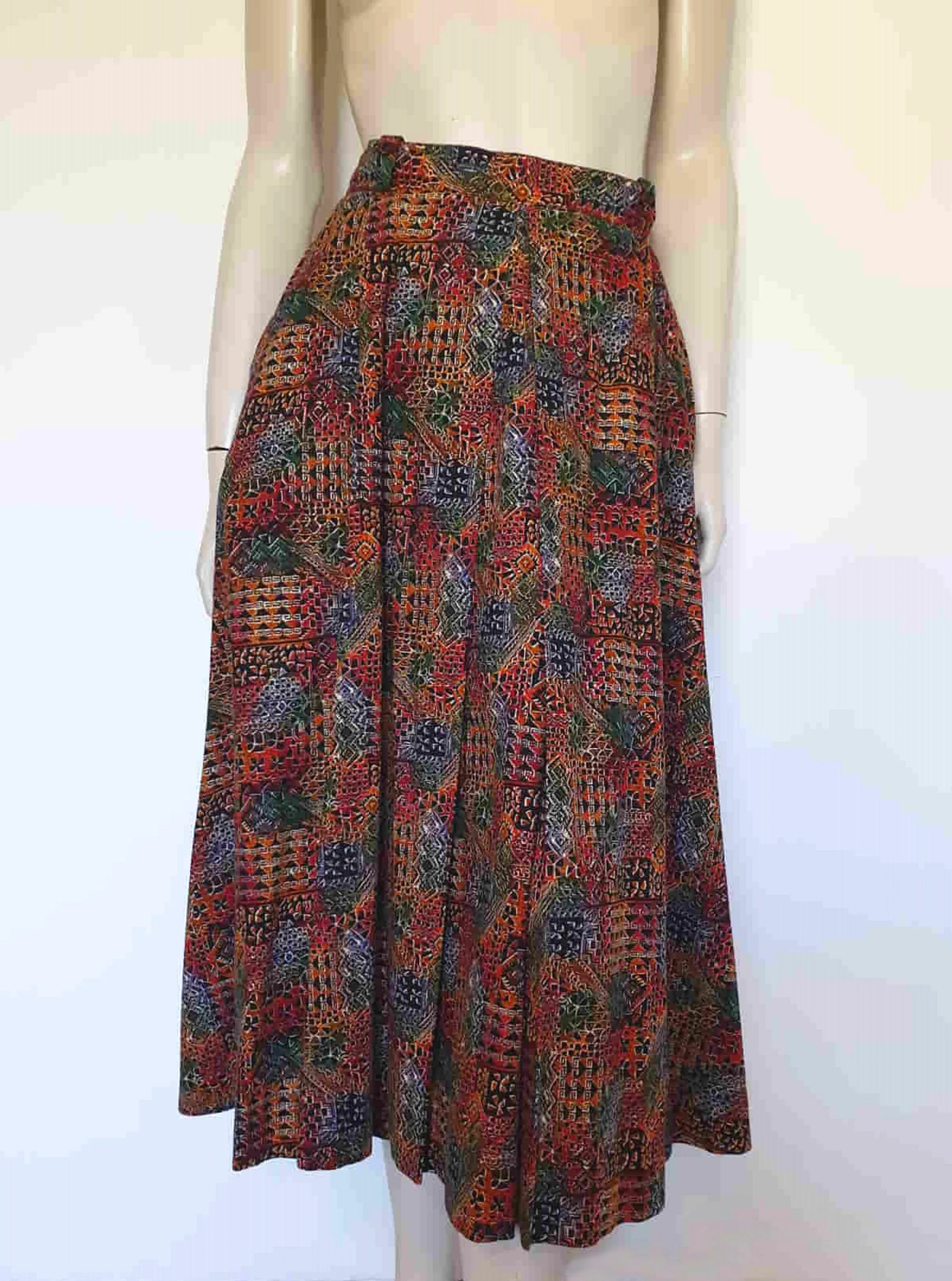 1970s Aztec Print Autumn Tone Pleated Skirt - M