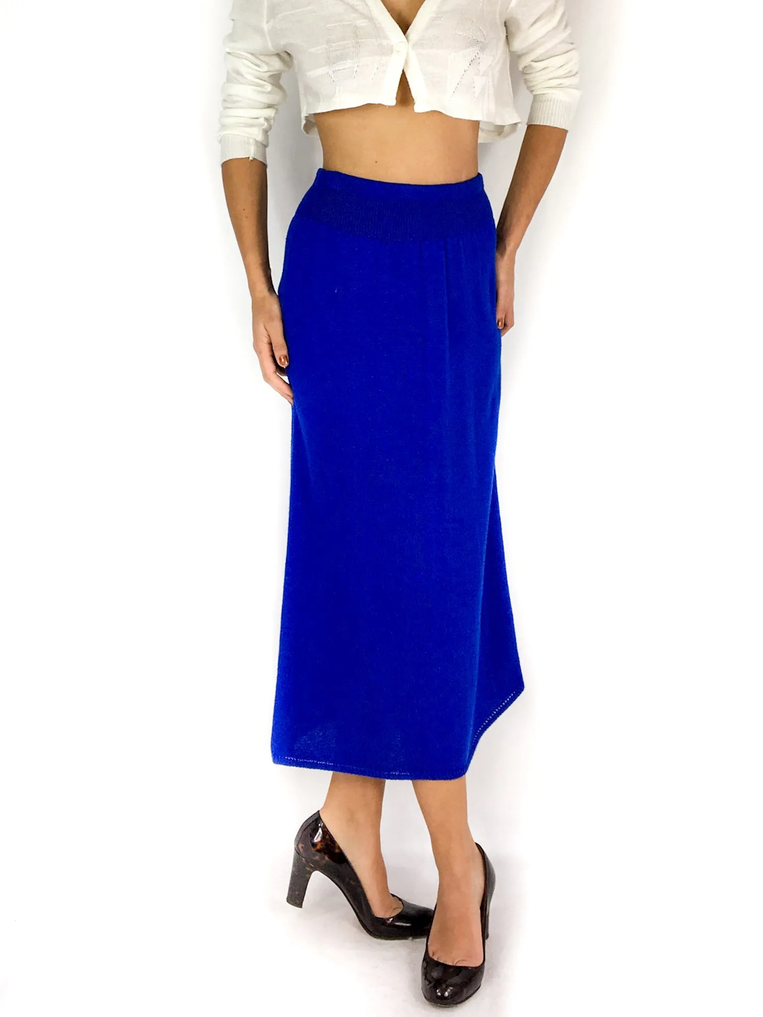 80s vintage royal blue knit skirt, mid-calf length