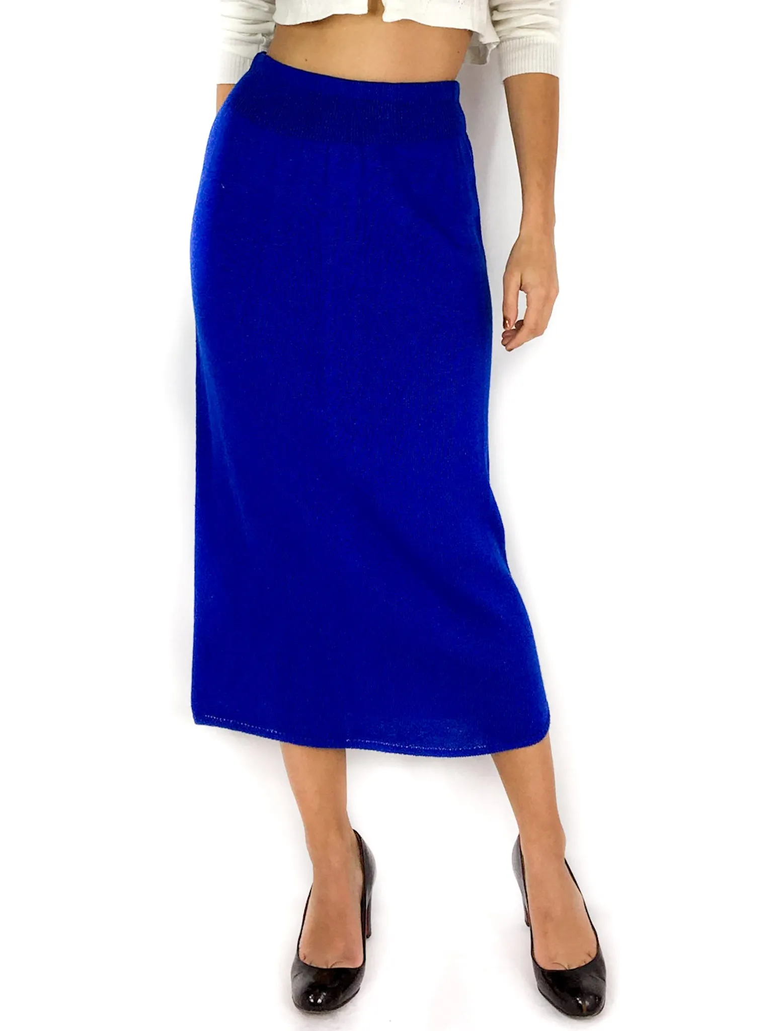 80s vintage royal blue knit skirt, mid-calf length