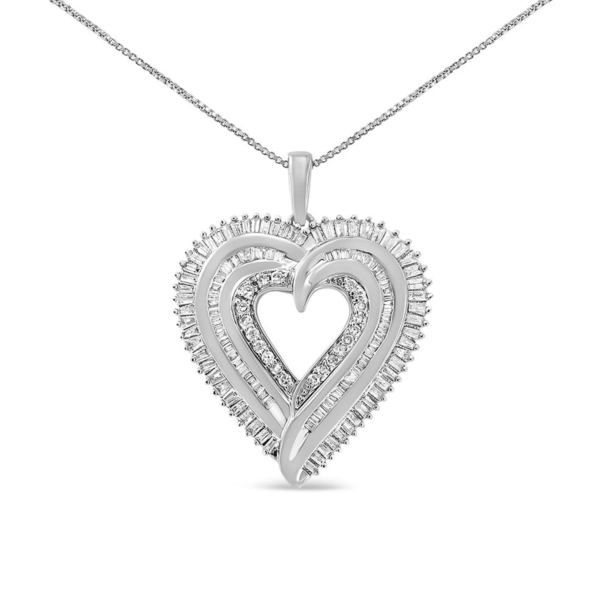 .925 Sterling Silver 1 1/2 Cttw Baguette Diamond Composite Heart 18" Inch Pendant Necklace (I-J Color, I1-I2 Clarity)