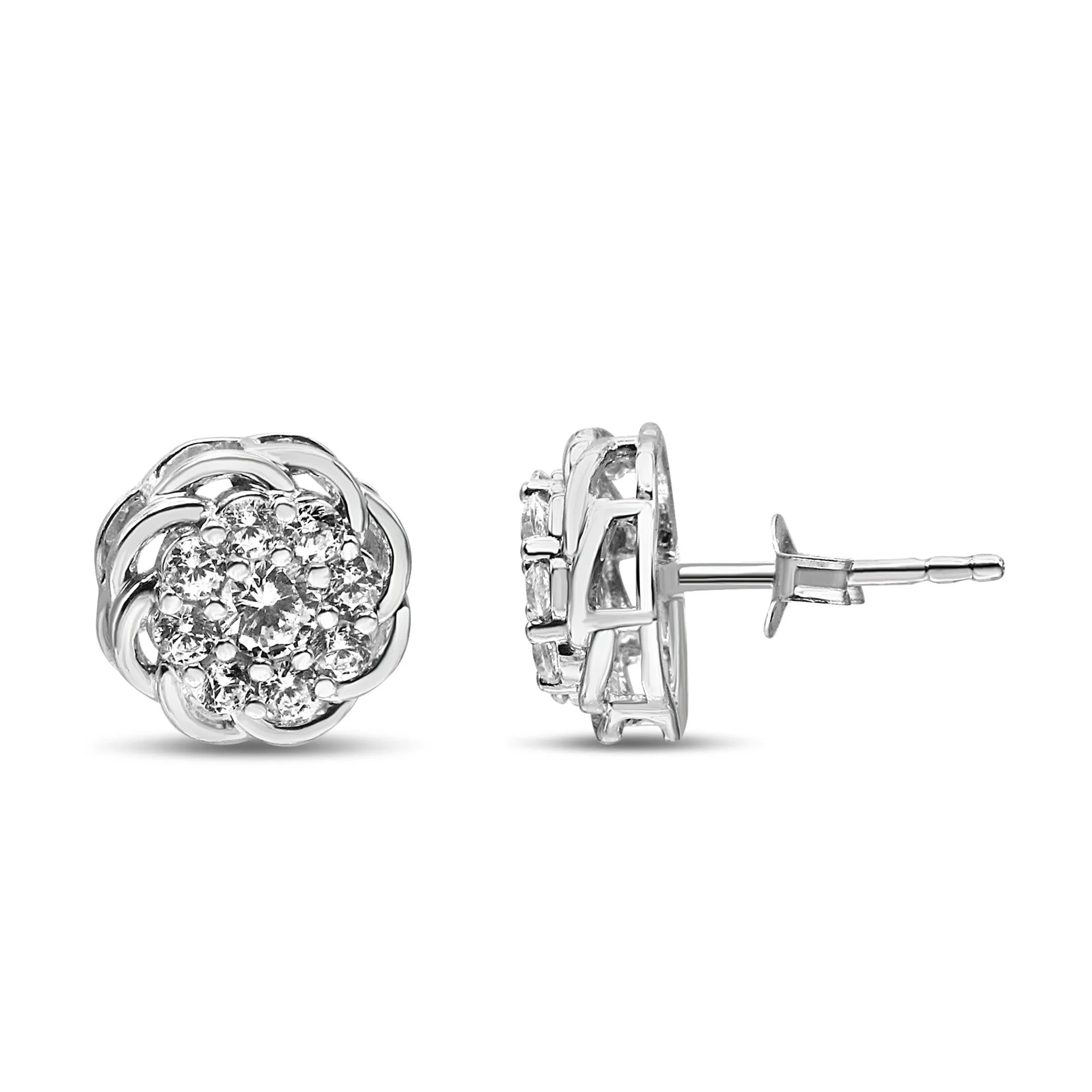 .925 Sterling Silver 1/2 Cttw Round Diamond Cluster Openwork Floral Halo Stud Earrings (I1-I2 Clarity, I-J Color)