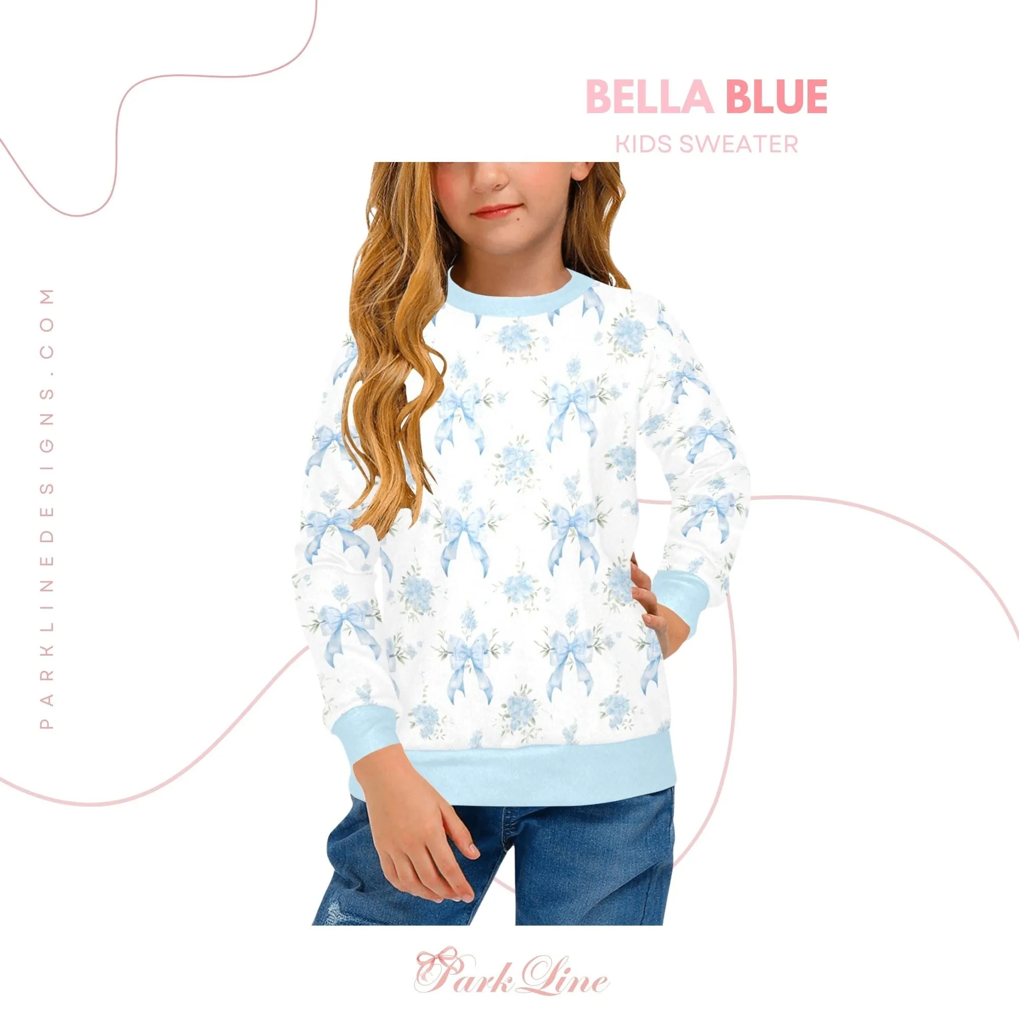 Adeline Crew Neck Sweatshirt | Soft Pink and Blue All Over Print | Cozy Fall & Winter Wardrobe Essential