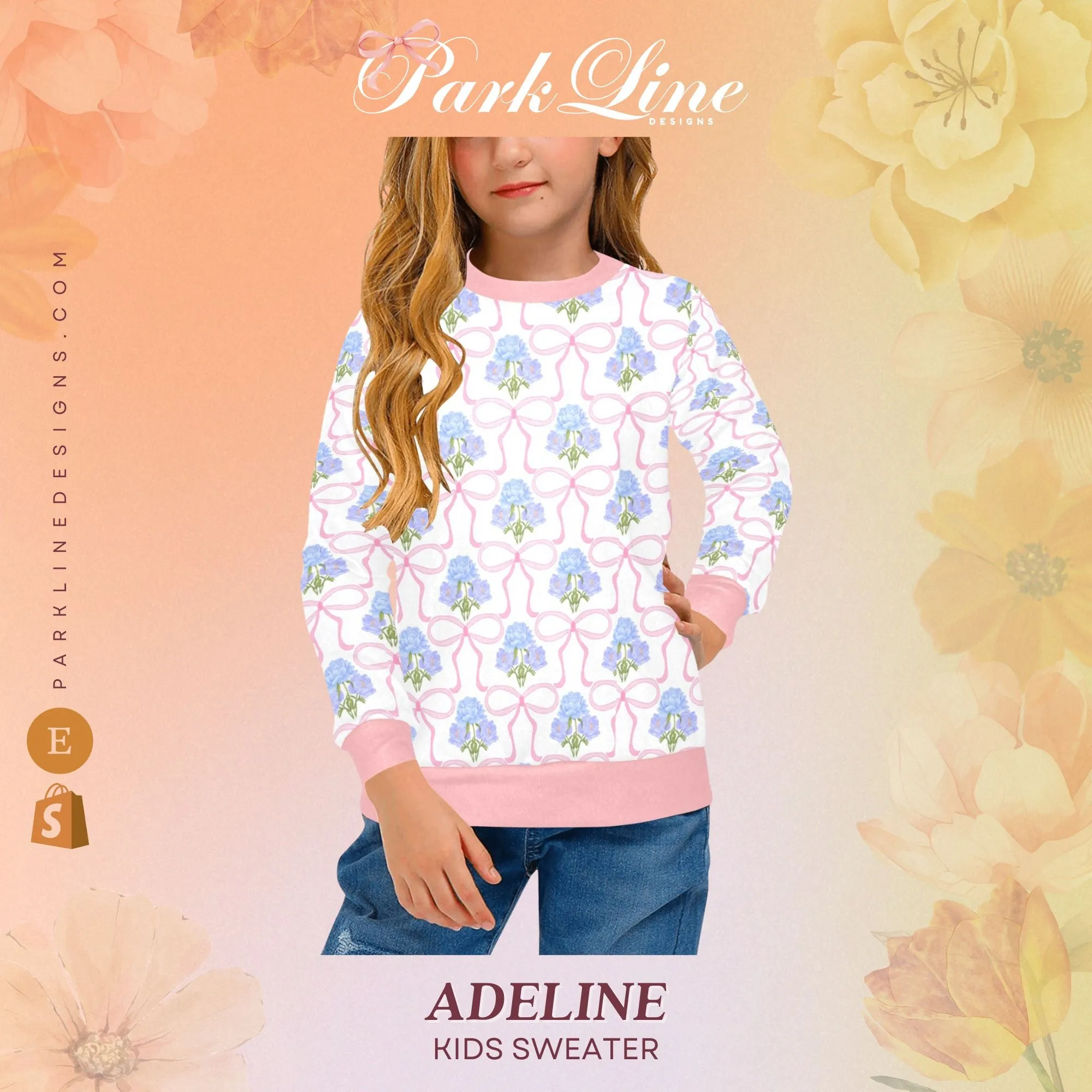 Adeline Crew Neck Sweatshirt | Soft Pink and Blue All Over Print | Cozy Fall & Winter Wardrobe Essential