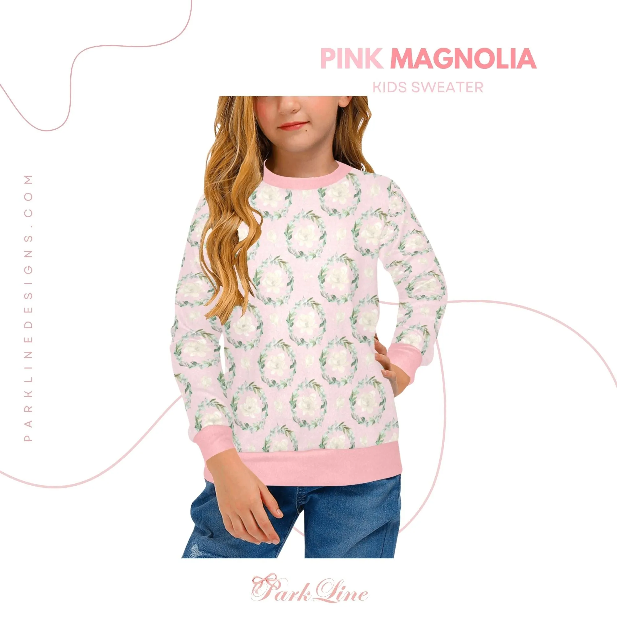 Adeline Crew Neck Sweatshirt | Soft Pink and Blue All Over Print | Cozy Fall & Winter Wardrobe Essential