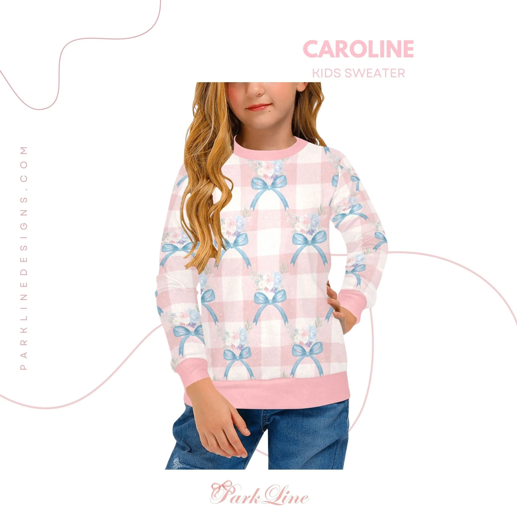 Adeline Crew Neck Sweatshirt | Soft Pink and Blue All Over Print | Cozy Fall & Winter Wardrobe Essential