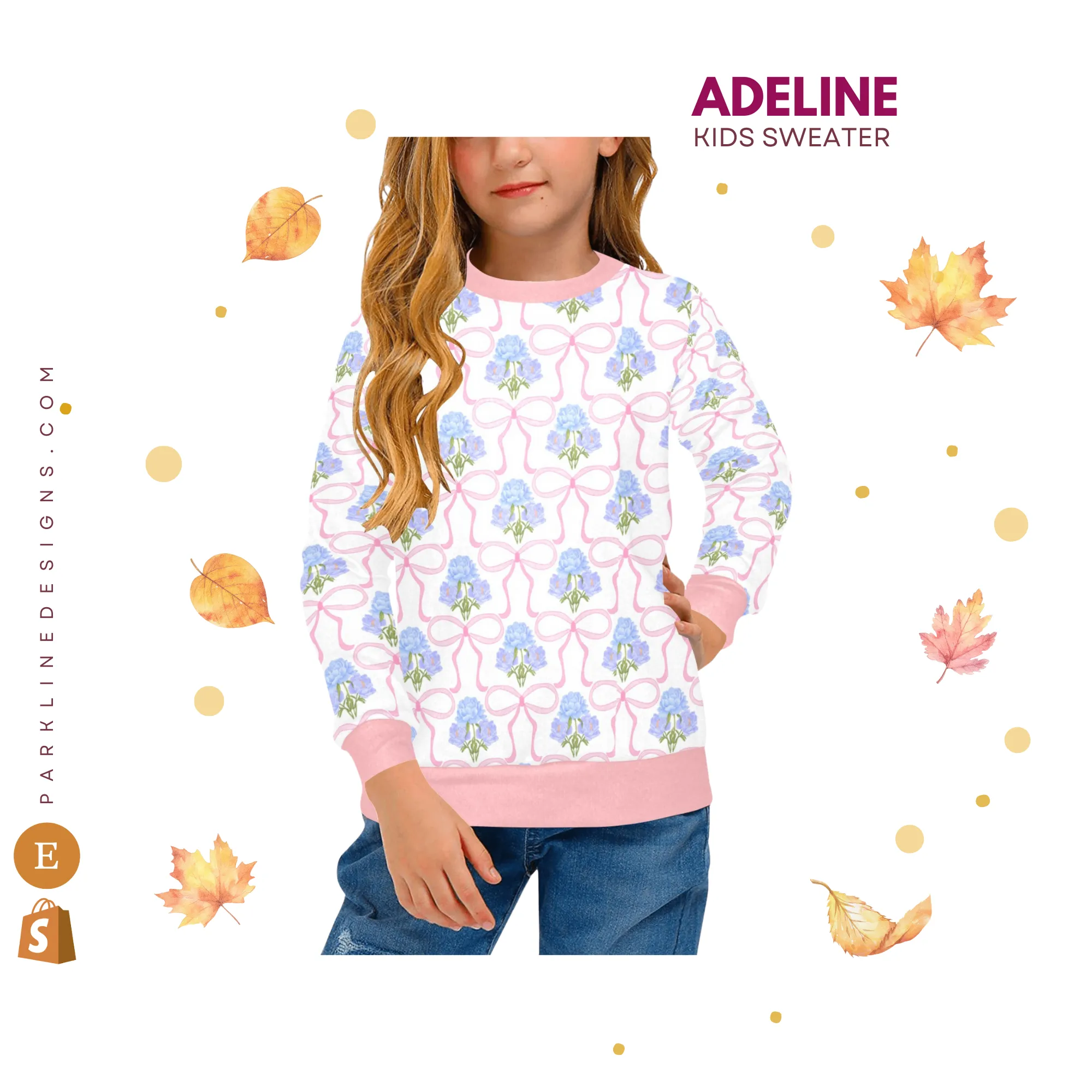 Adeline Crew Neck Sweatshirt | Soft Pink and Blue All Over Print | Cozy Fall & Winter Wardrobe Essential