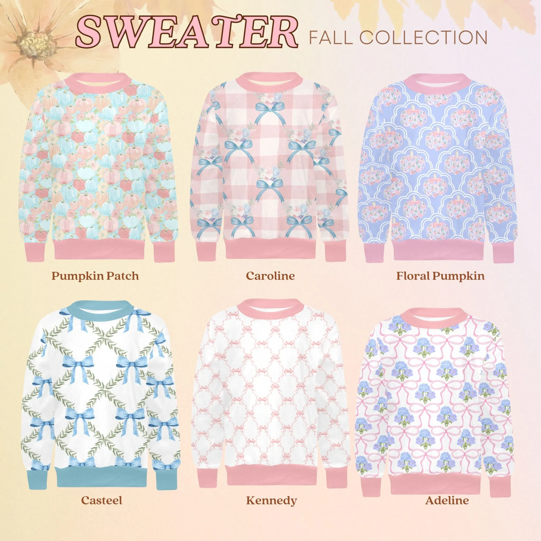 Adeline Crew Neck Sweatshirt | Soft Pink and Blue All Over Print | Cozy Fall & Winter Wardrobe Essential