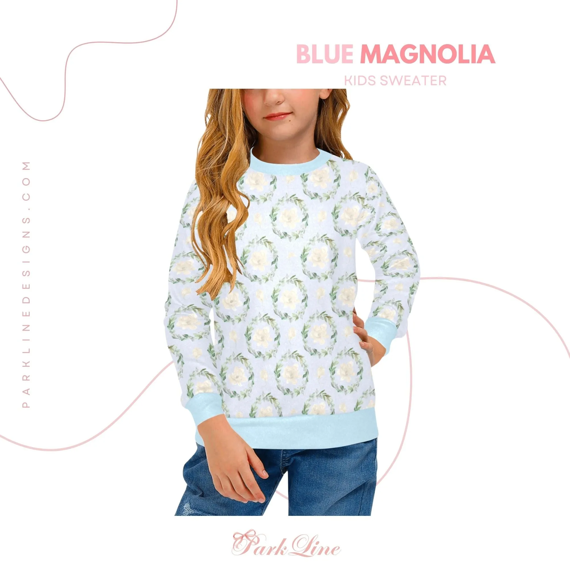 Adeline Crew Neck Sweatshirt | Soft Pink and Blue All Over Print | Cozy Fall & Winter Wardrobe Essential