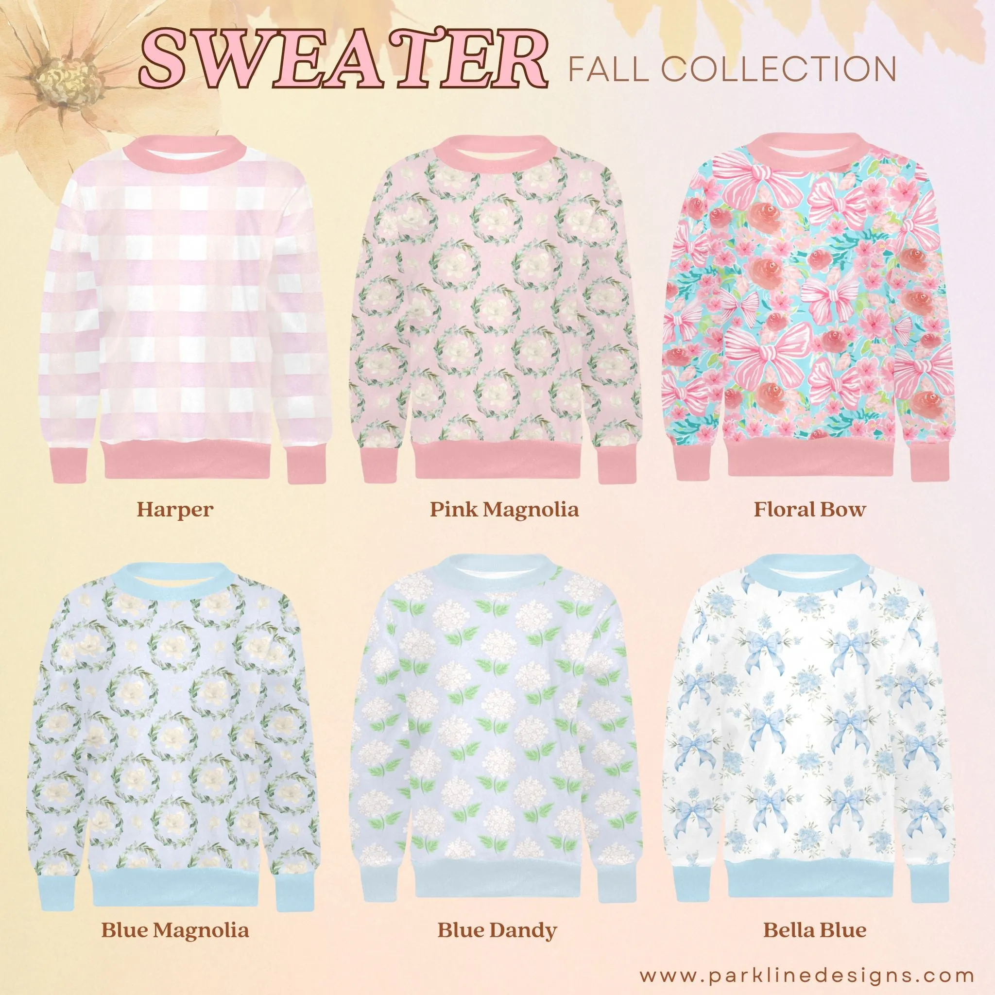 Adeline Crew Neck Sweatshirt | Soft Pink and Blue All Over Print | Cozy Fall & Winter Wardrobe Essential