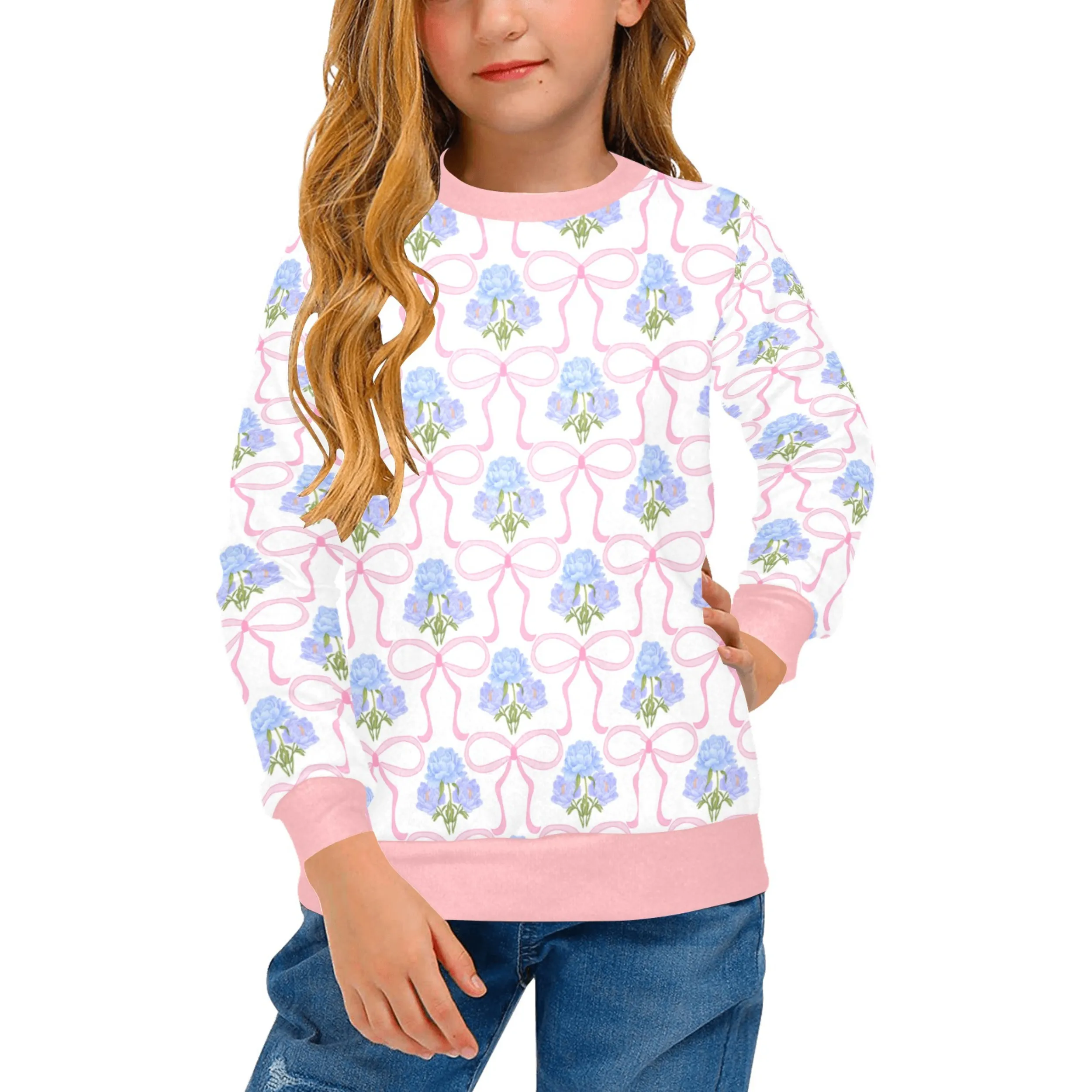 Adeline Crew Neck Sweatshirt | Soft Pink and Blue All Over Print | Cozy Fall & Winter Wardrobe Essential