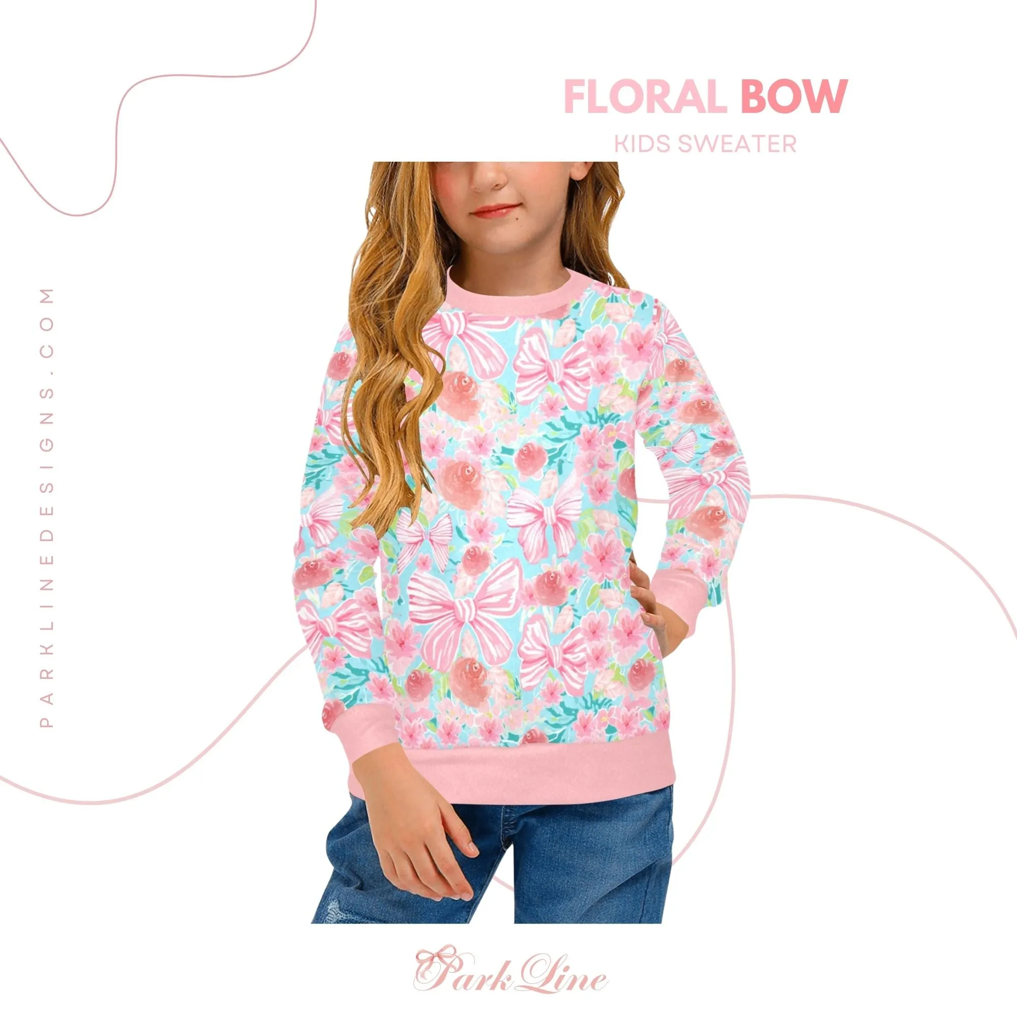 Adeline Crew Neck Sweatshirt | Soft Pink and Blue All Over Print | Cozy Fall & Winter Wardrobe Essential