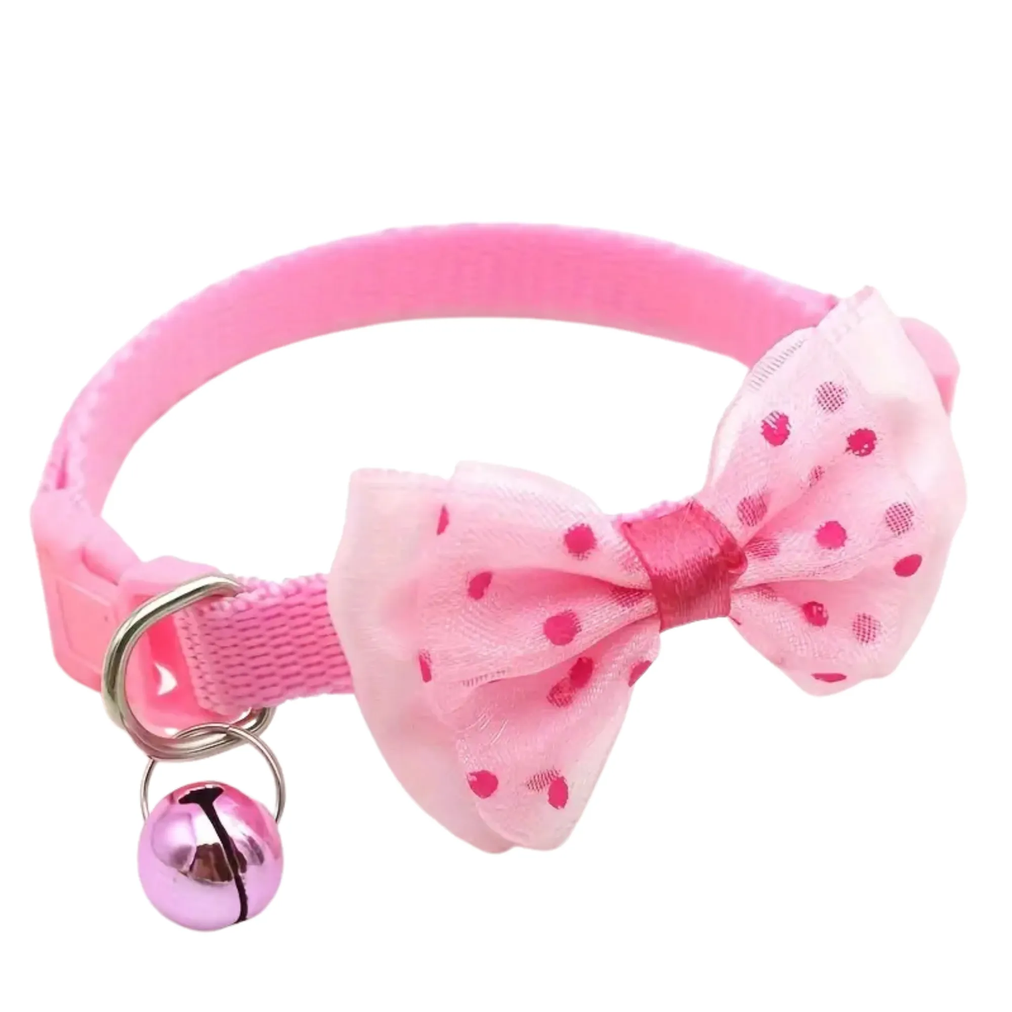 Adjustable Plaid Cat Collar With Pink Polka Bow Tie