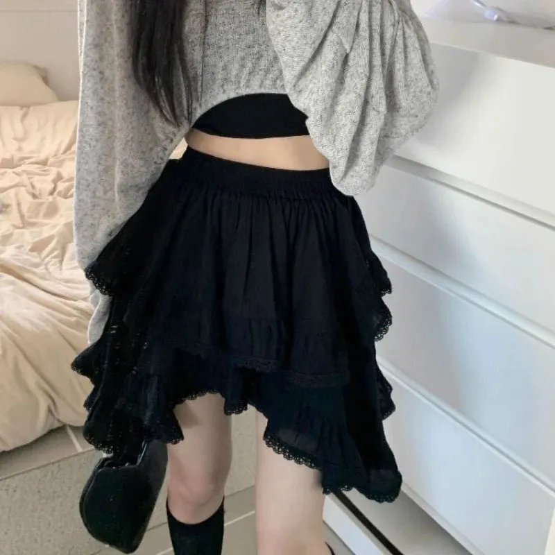 Advbridge Ruffles Kawaii Women Mini Skirt Japanese Style Irregular Sweet Lace White Patchwork Elegant Casual Black Short Skirt