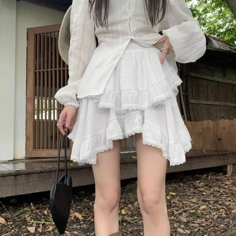 Advbridge Ruffles Kawaii Women Mini Skirt Japanese Style Irregular Sweet Lace White Patchwork Elegant Casual Black Short Skirt