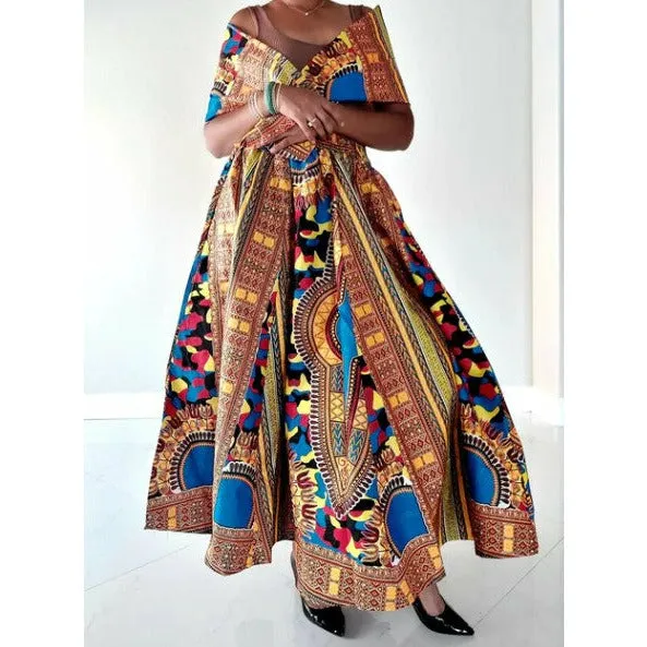 African Dashiki Midi Skirt with Headwrap - Free size- STRETCH FITS M TO 2XL