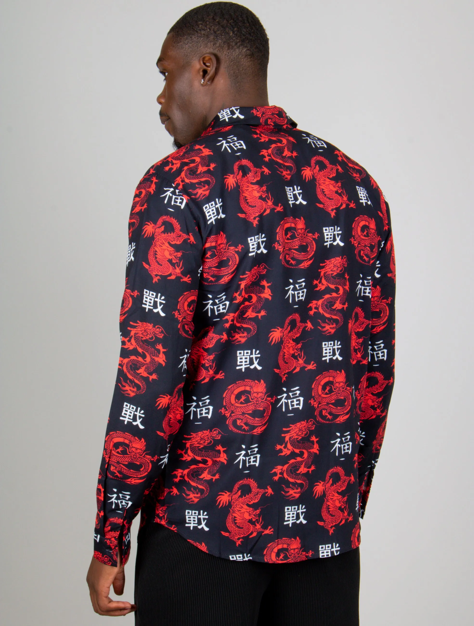 All-Over Dragon Print Long Sleeve Black Shirt