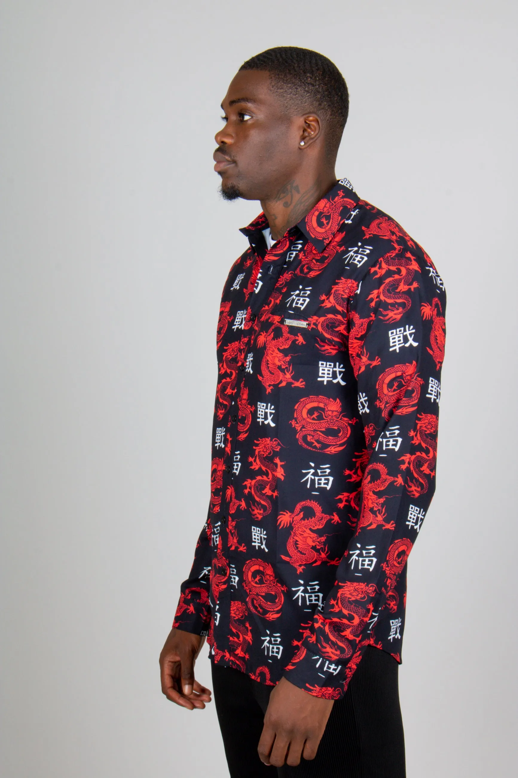 All-Over Dragon Print Long Sleeve Black Shirt