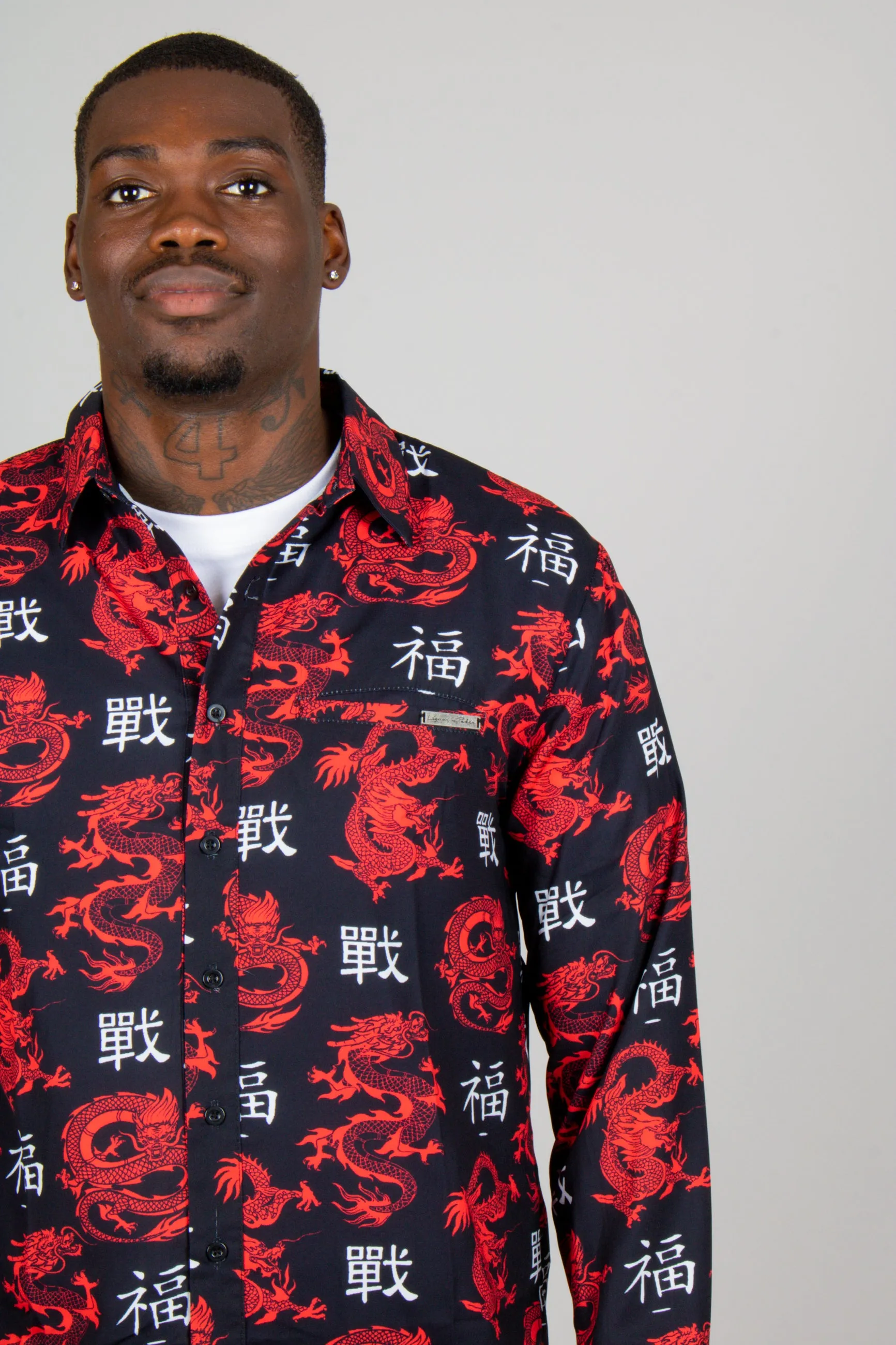 All-Over Dragon Print Long Sleeve Black Shirt