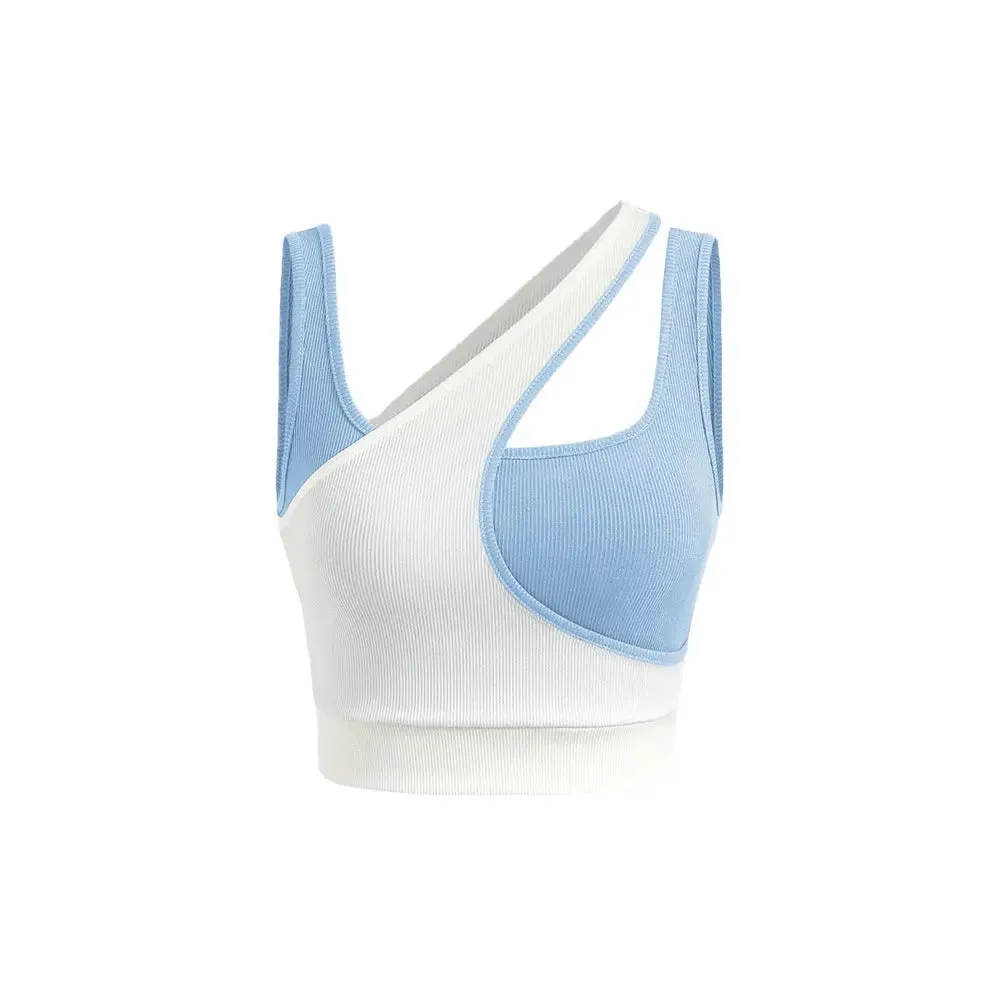 Asymmetrical Cutout Crop Top – Sleek Two-Tone Ribbed Tank in Blue & White