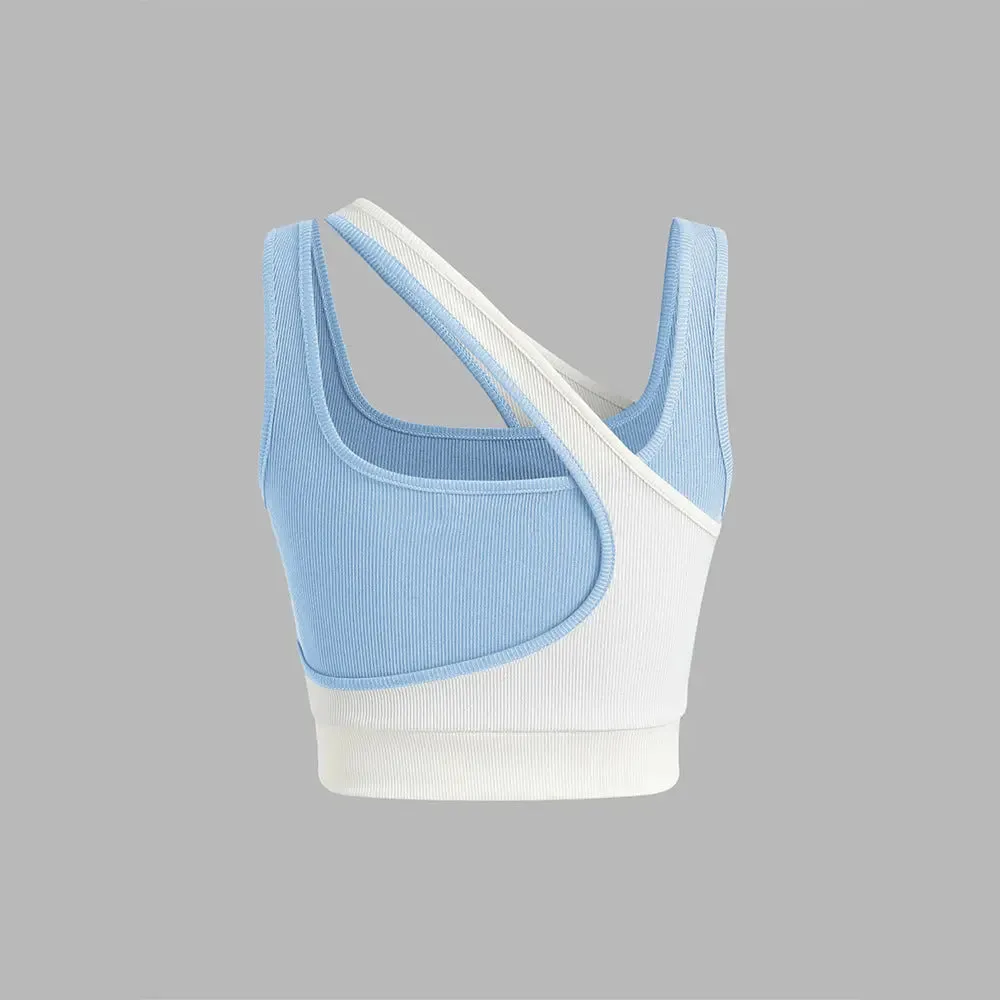 Asymmetrical Cutout Crop Top – Sleek Two-Tone Ribbed Tank in Blue & White