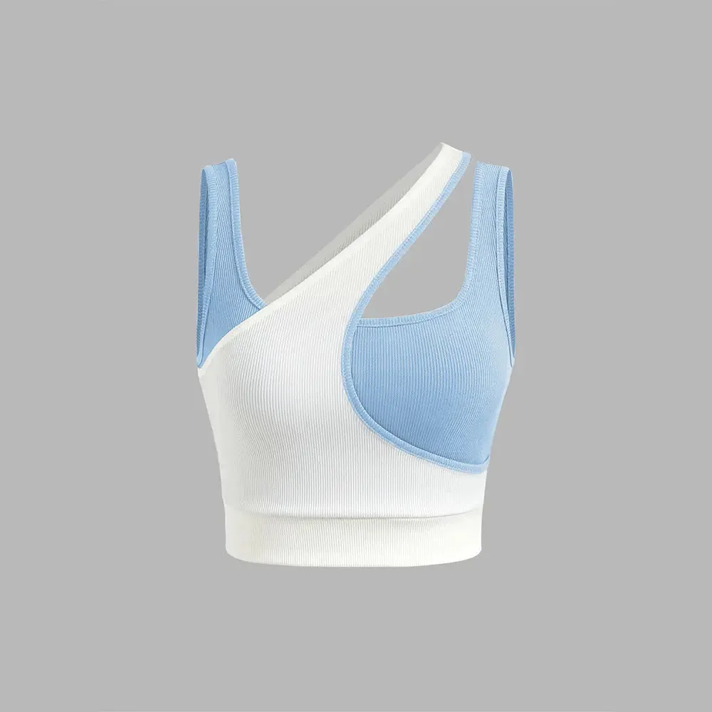 Asymmetrical Cutout Crop Top – Sleek Two-Tone Ribbed Tank in Blue & White