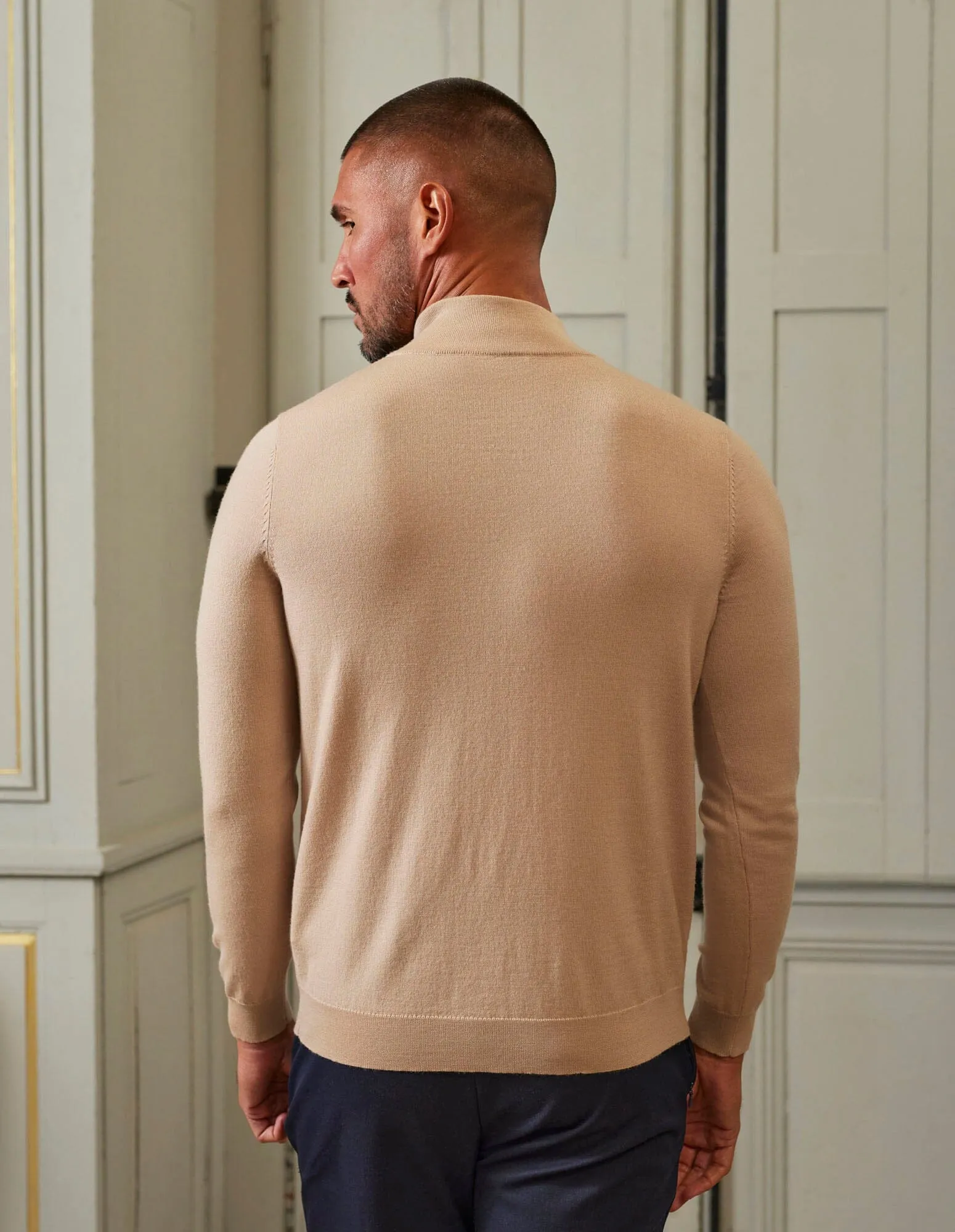 Beige 1/4 Zip Funnel Neck Knit