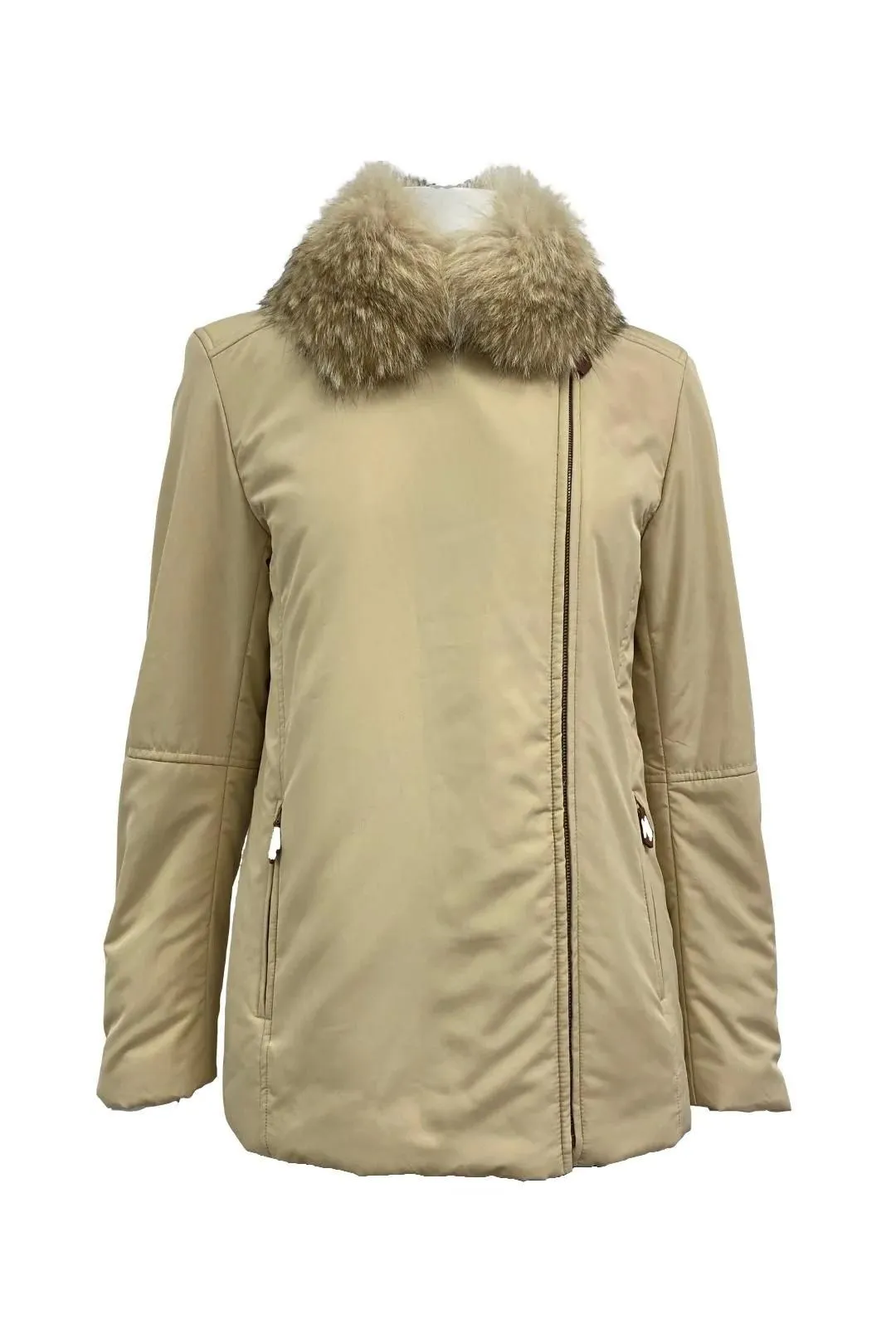 Beige Faux Fur Trim Collar Jacket