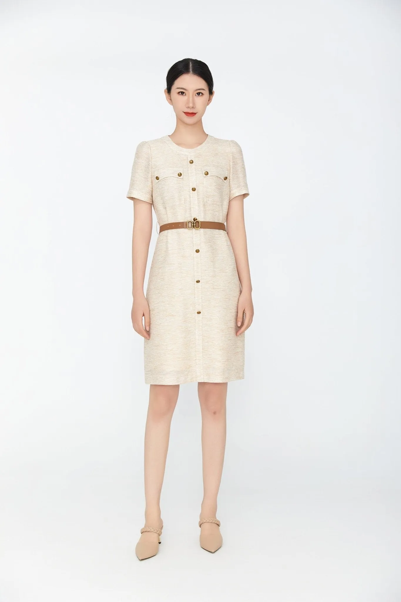 Beige Short Sleeve Belt Button Dress