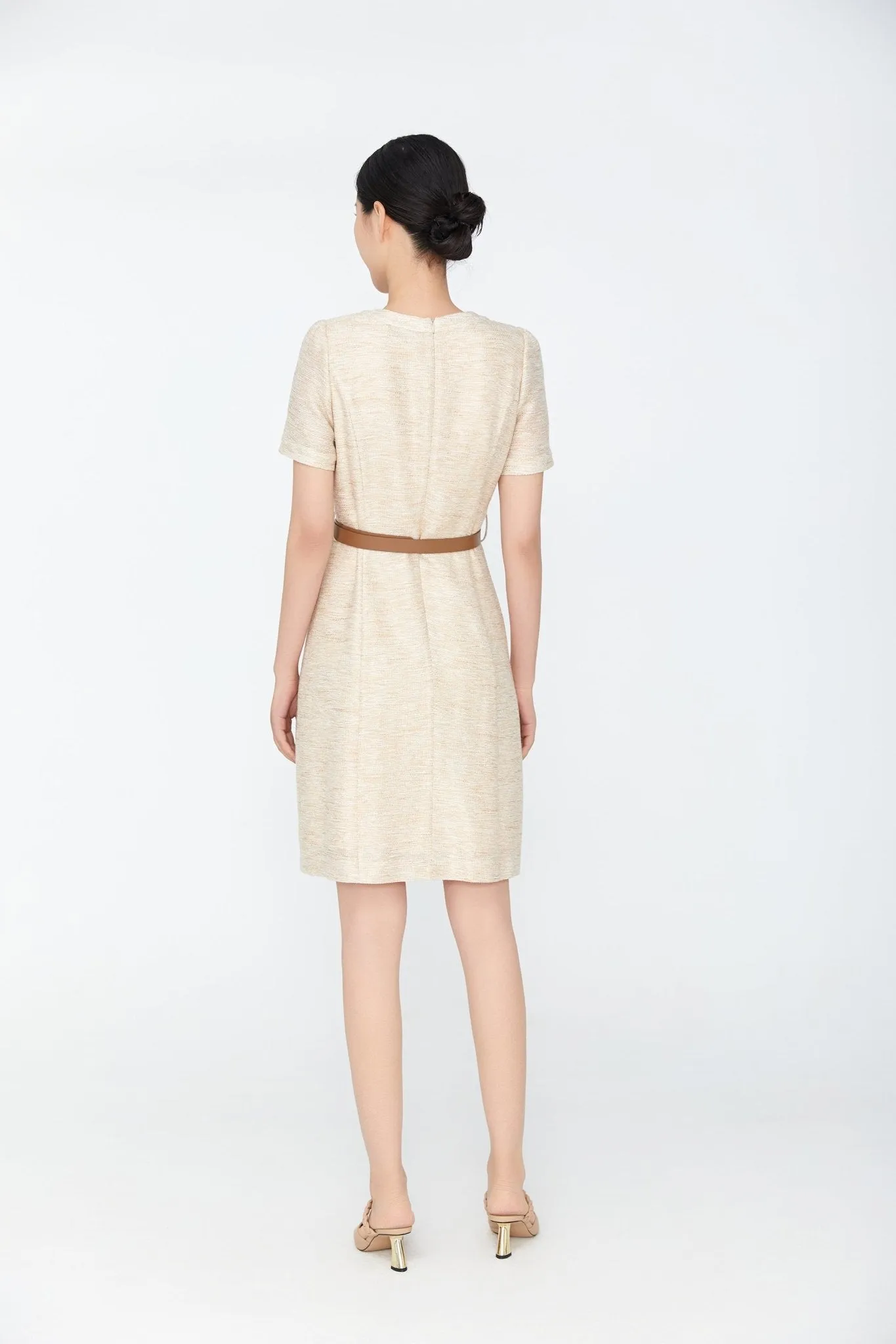 Beige Short Sleeve Belt Button Dress