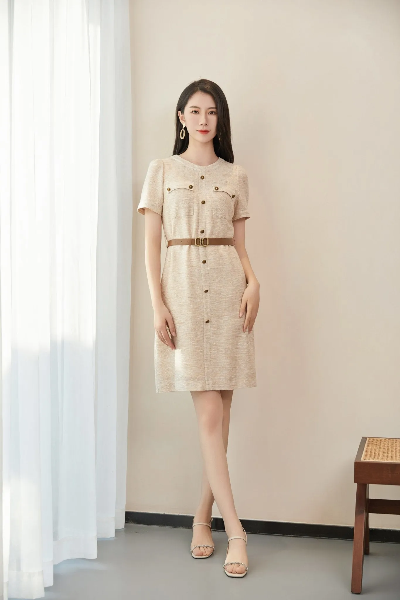 Beige Short Sleeve Belt Button Dress