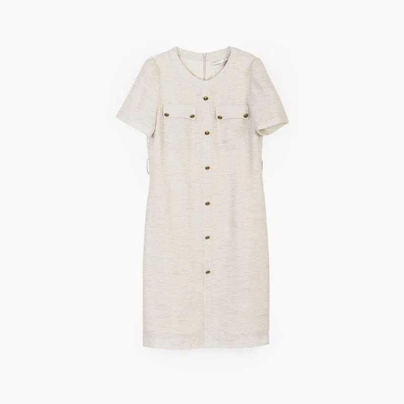 Beige Short Sleeve Belt Button Dress