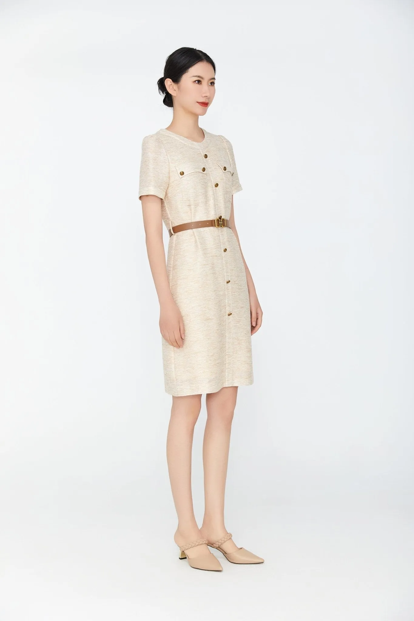 Beige Short Sleeve Belt Button Dress