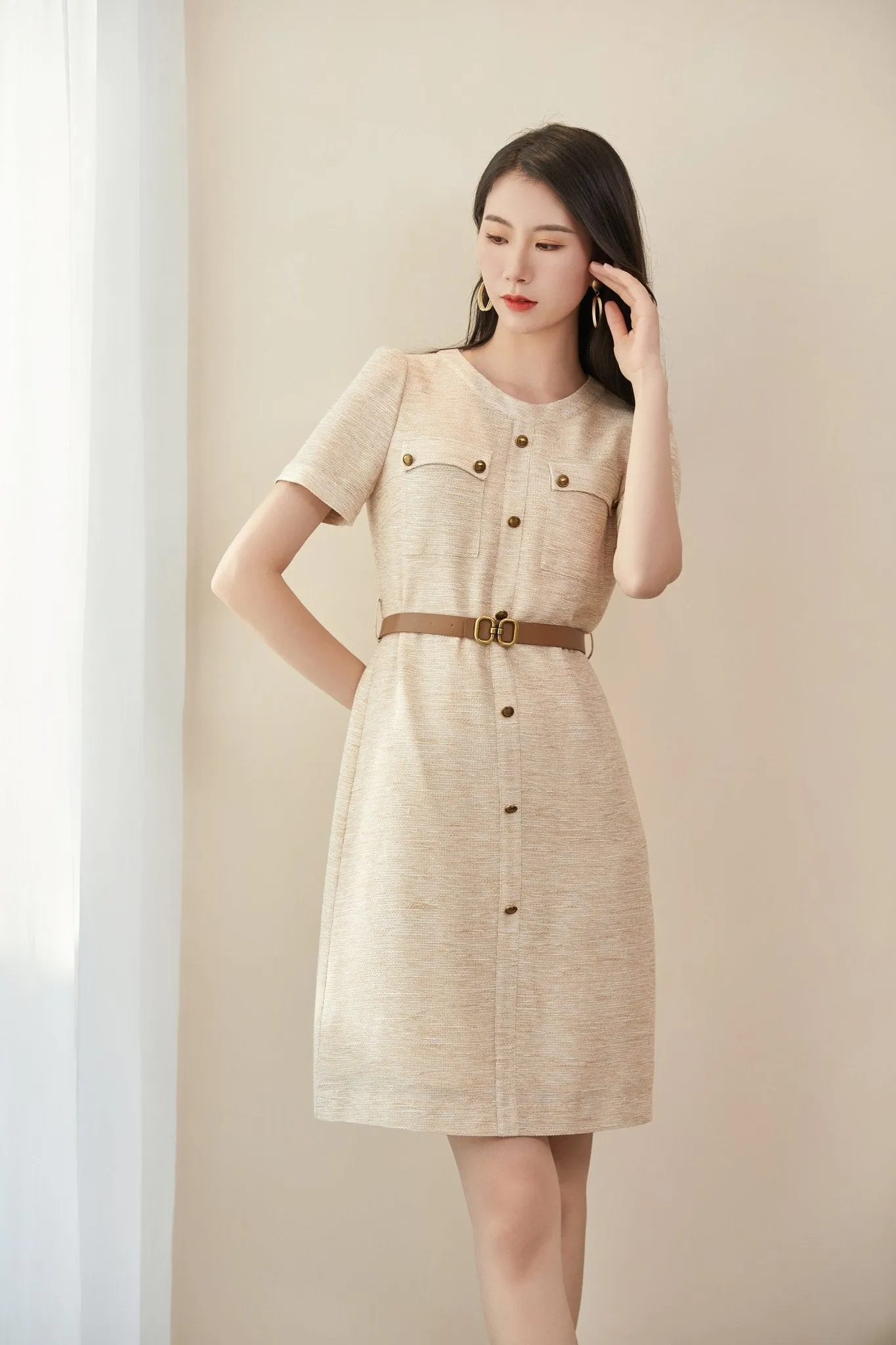 Beige Short Sleeve Belt Button Dress