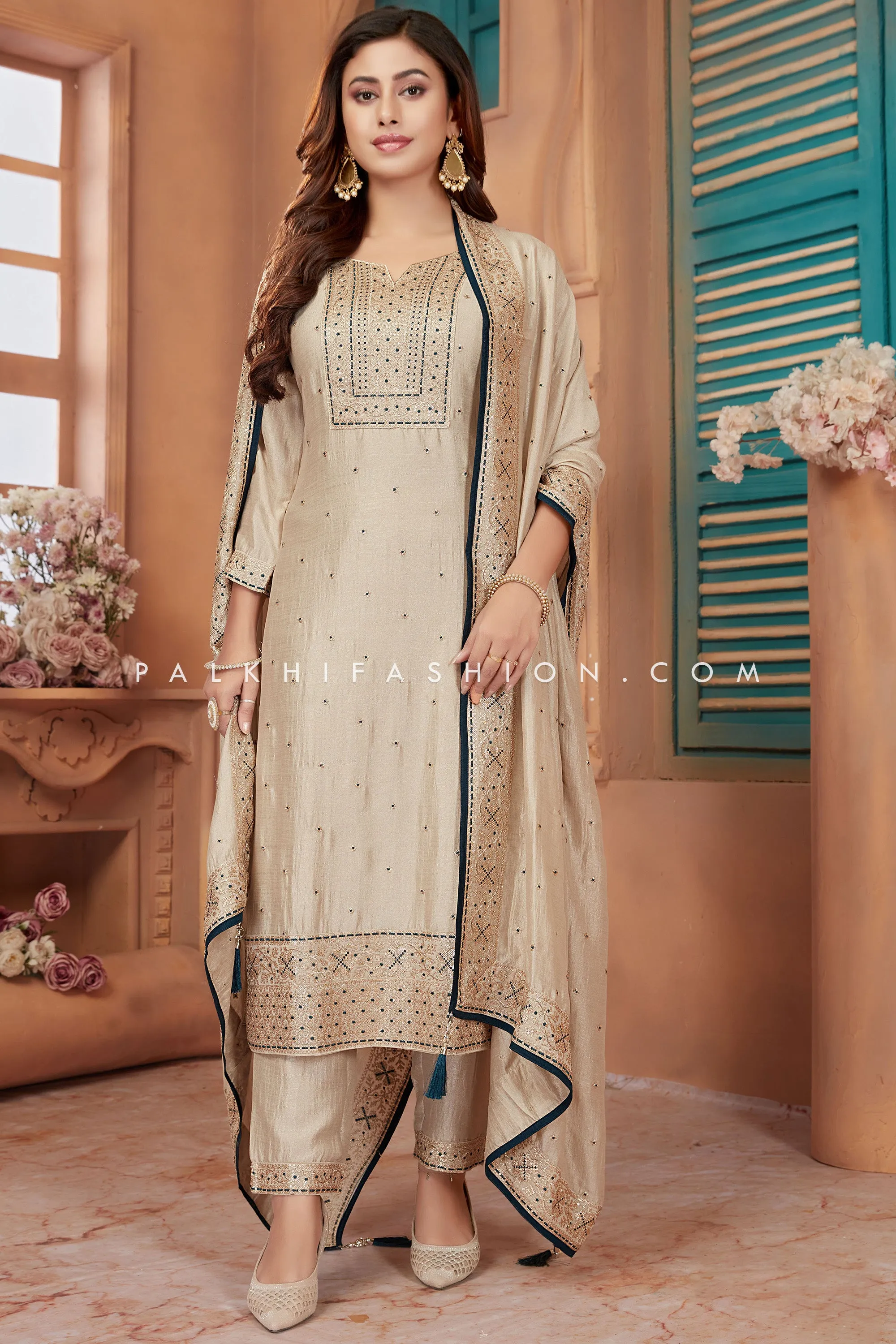 Beige/Blue Silk Straight Cut Suit With Embroidery Work