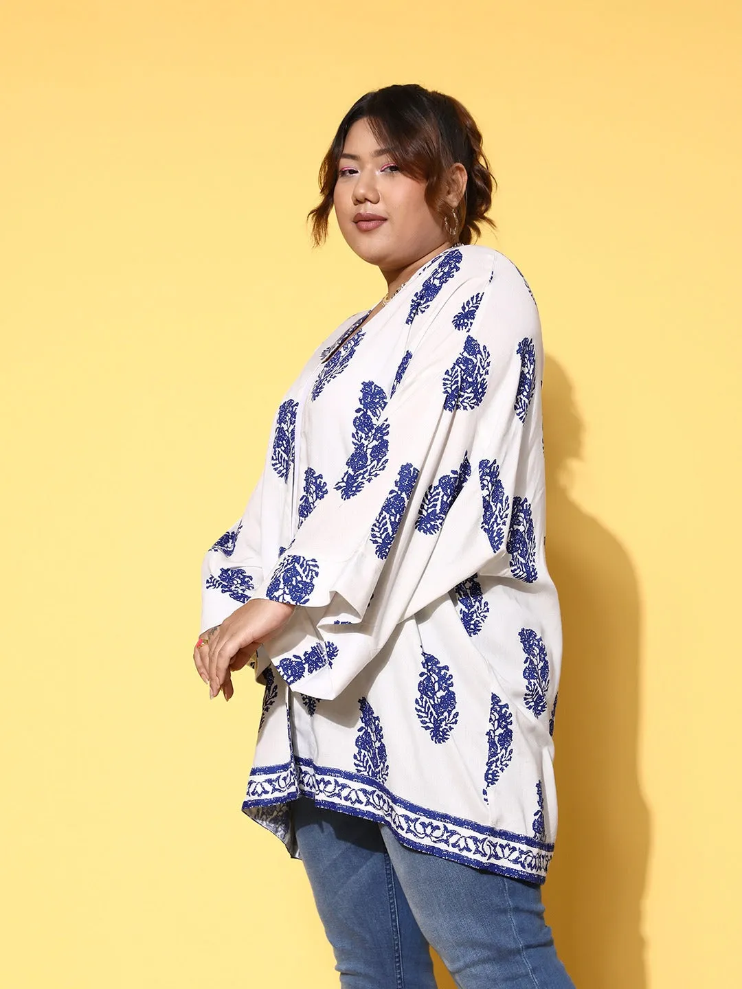 Berrylush Women Plus Size White & Blue Ethnic Printed Open Front Straight Hem Regular Shrug