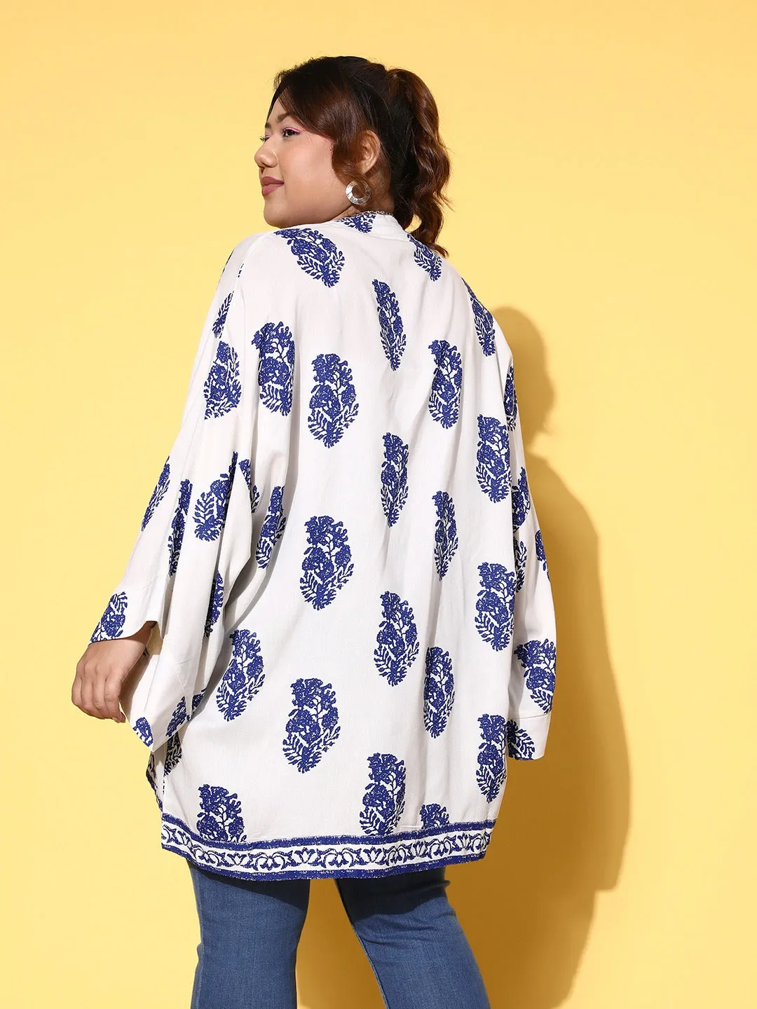 Berrylush Women Plus Size White & Blue Ethnic Printed Open Front Straight Hem Regular Shrug