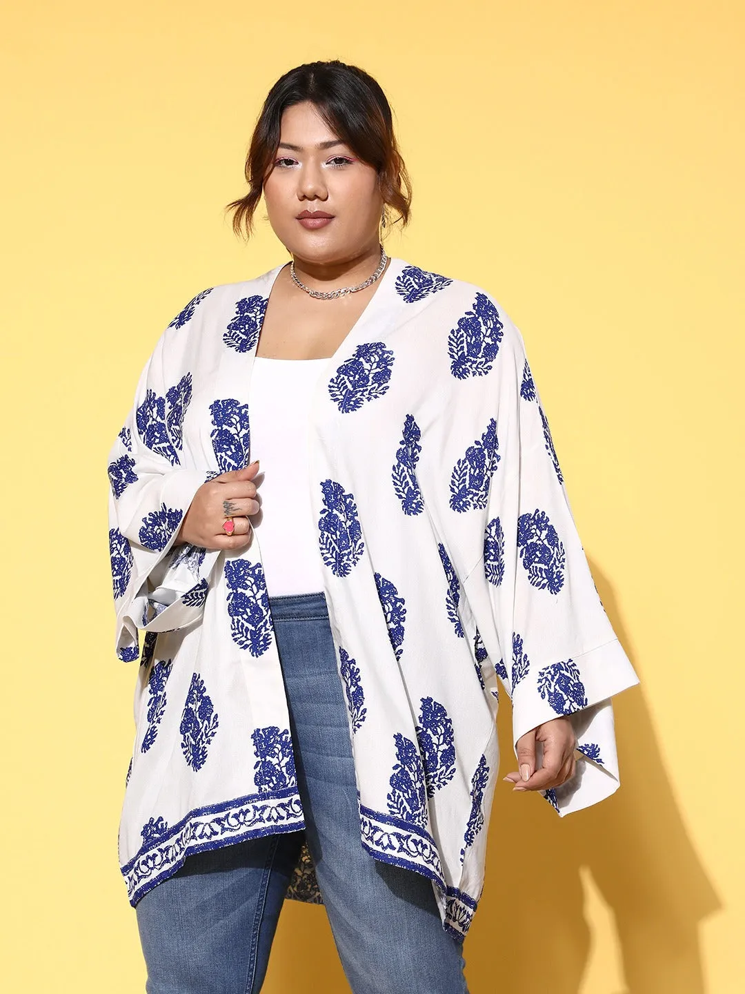 Berrylush Women Plus Size White & Blue Ethnic Printed Open Front Straight Hem Regular Shrug