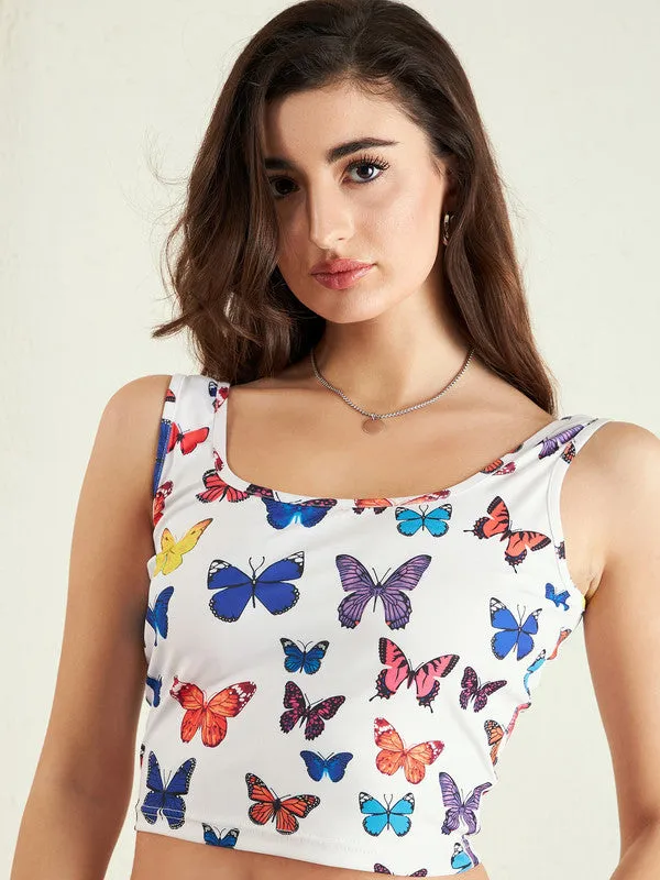 Berrylush Women White & Multicolour Butterfly Printed Scoop Neck Sleeveless Polyester Cropped Top