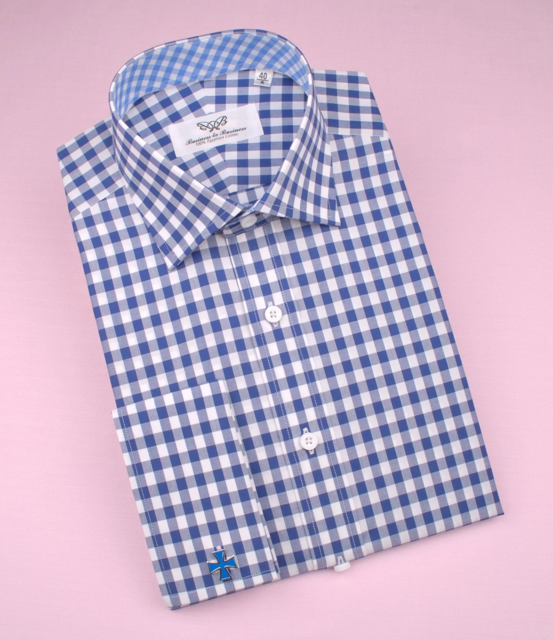 Big Blue Gingham Check Formal Business Dress Shirt Designer Checkered Inner Lining