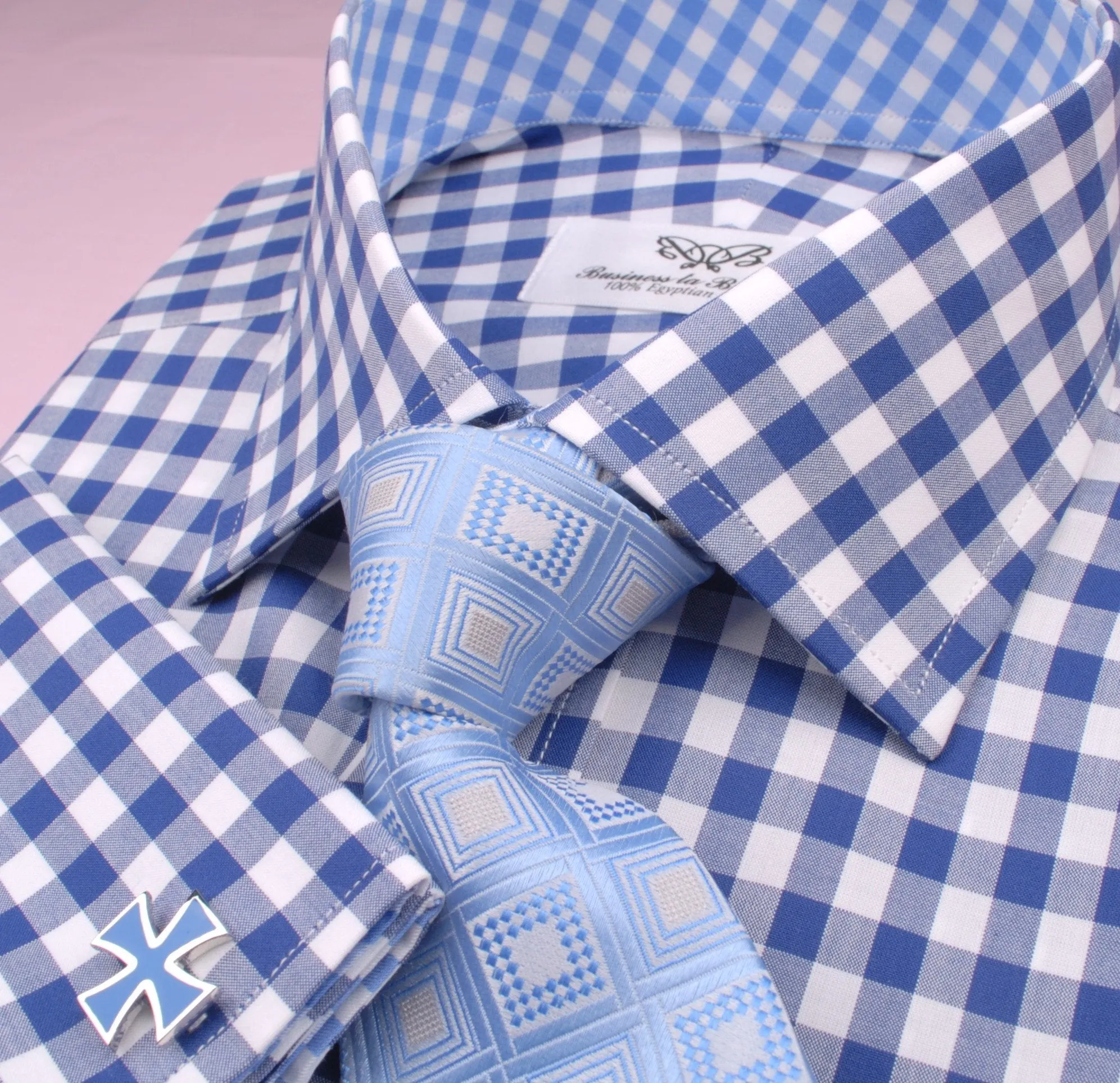 Big Blue Gingham Check Formal Business Dress Shirt Designer Checkered Inner Lining