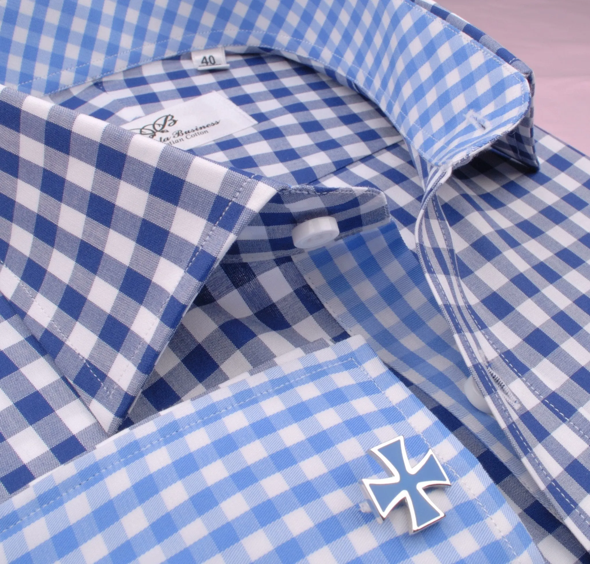 Big Blue Gingham Check Formal Business Dress Shirt Designer Checkered Inner Lining