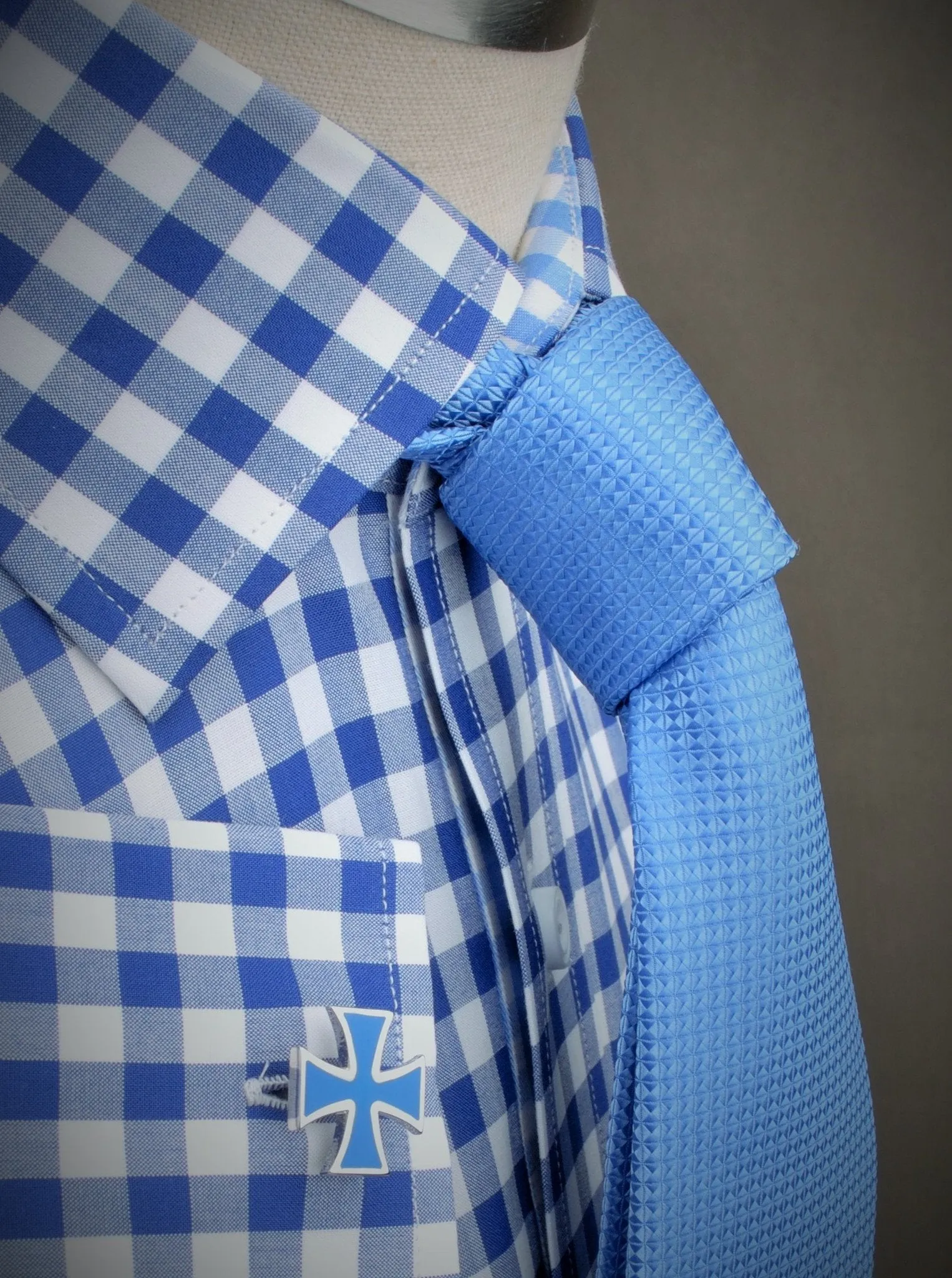 Big Blue Gingham Check Formal Business Dress Shirt Designer Checkered Inner Lining