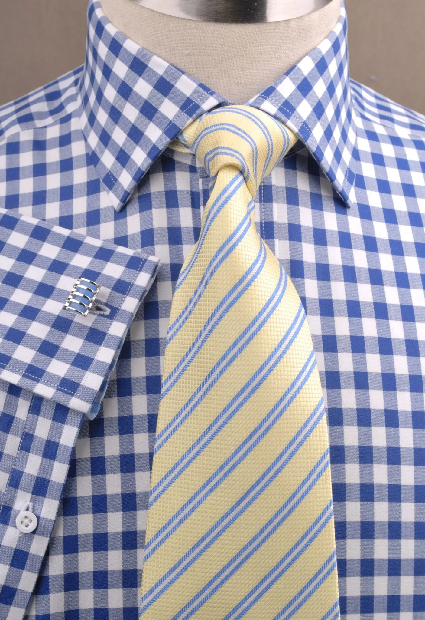 Big Blue Gingham Check Formal Business Dress Shirt Designer Checkered Inner Lining