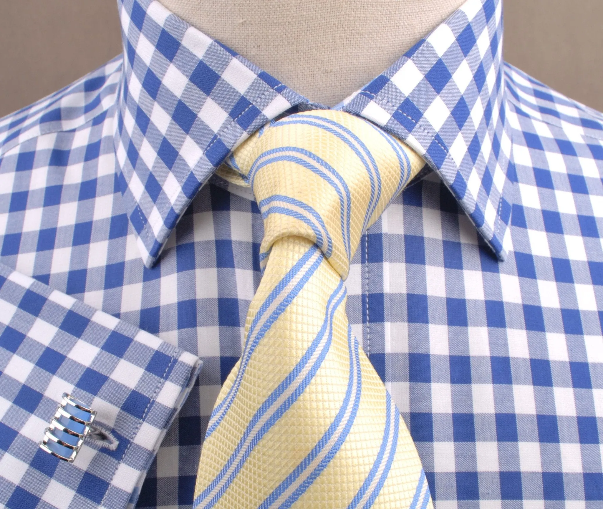 Big Blue Gingham Check Formal Business Dress Shirt Designer Checkered Inner Lining