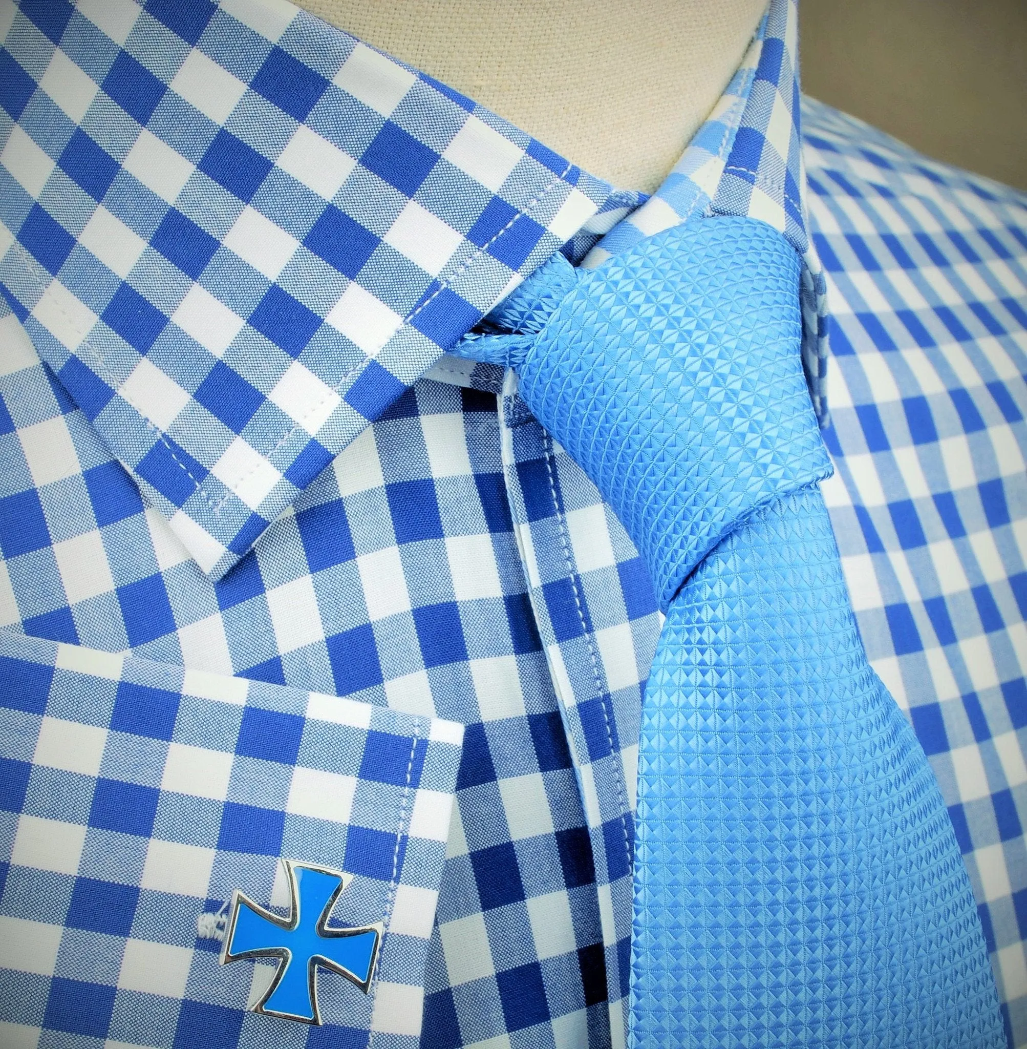 Big Blue Gingham Check Formal Business Dress Shirt Designer Checkered Inner Lining